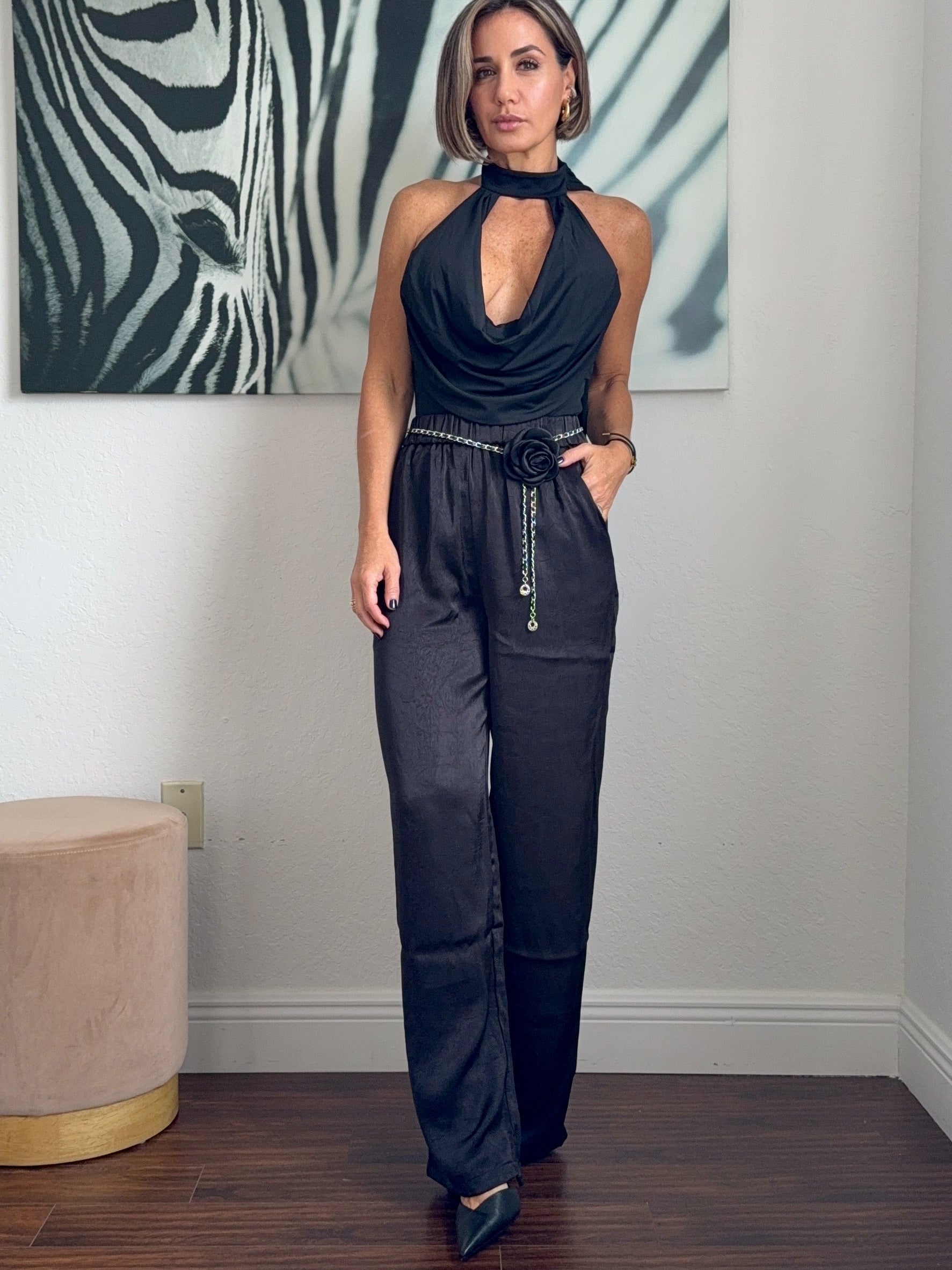 Black Elegant Bodysuit with Unique Neckline Detail
