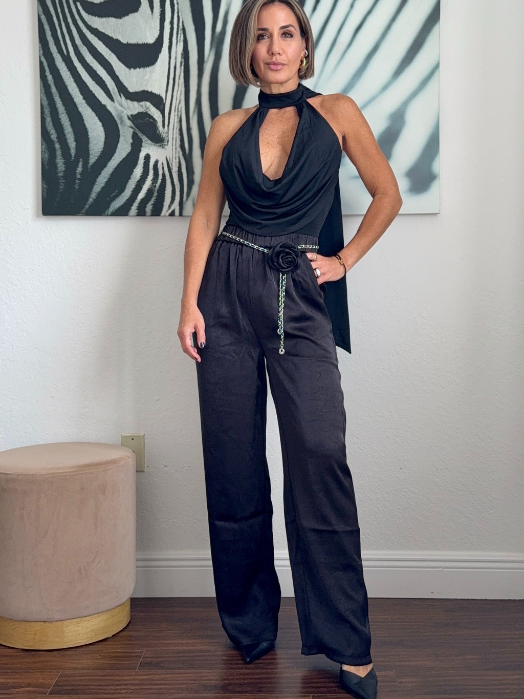 Black Elegant Bodysuit with Unique Neckline Detail