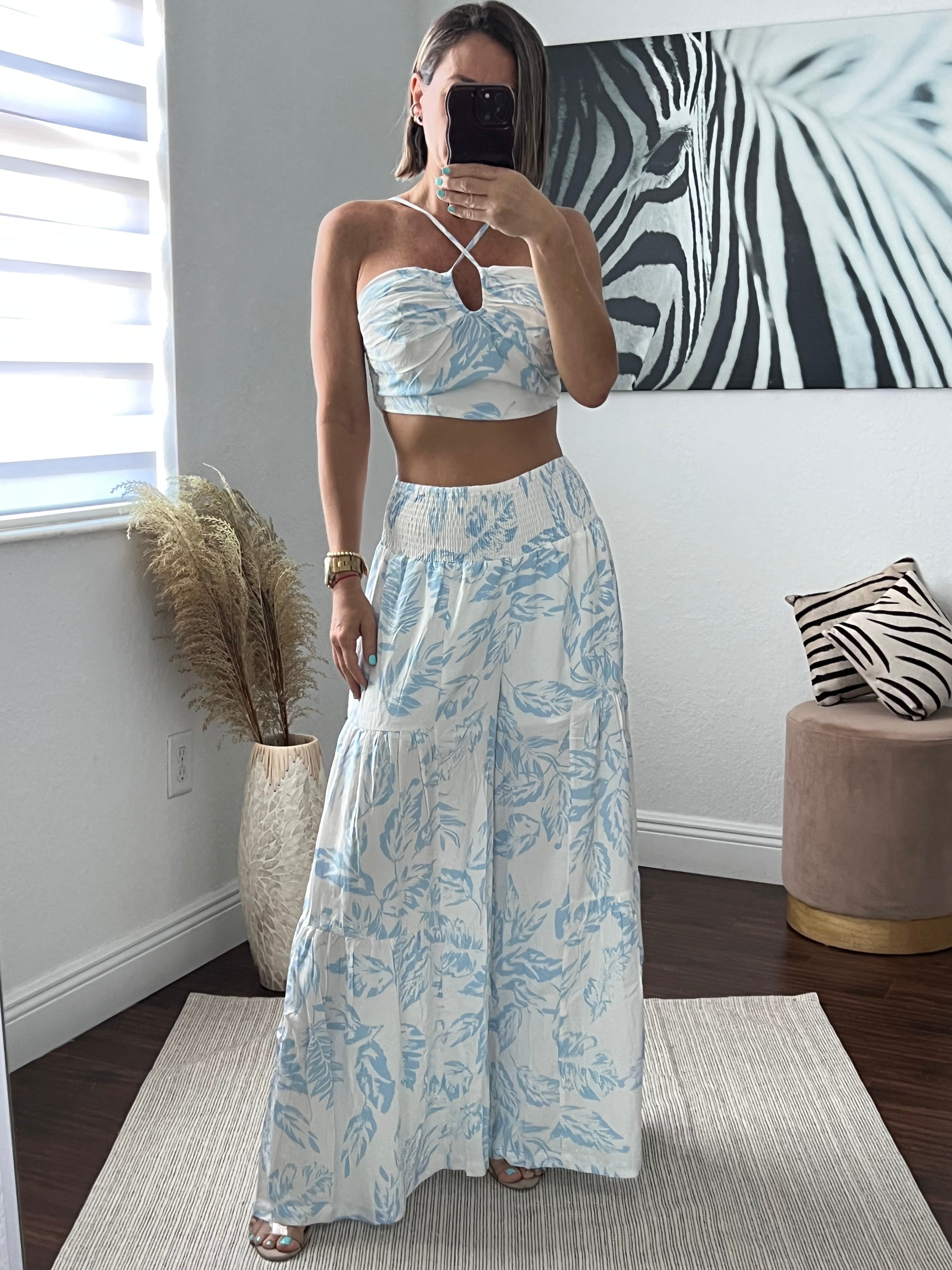 Blue  CROP TOP PANTS SET
