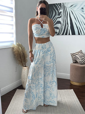 Blue  CROP TOP PANTS SET