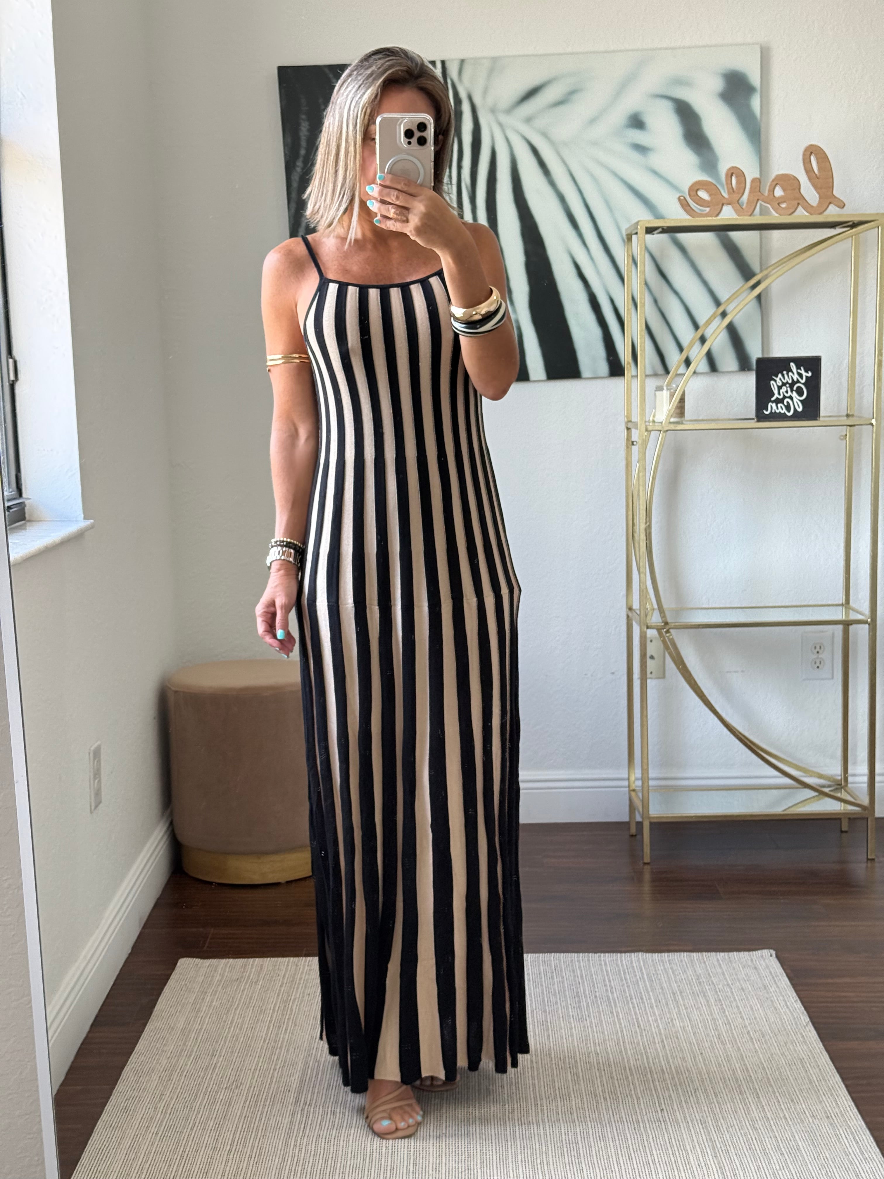 Long Knit Stripe Dress Black & Nude – Chic & Versatile