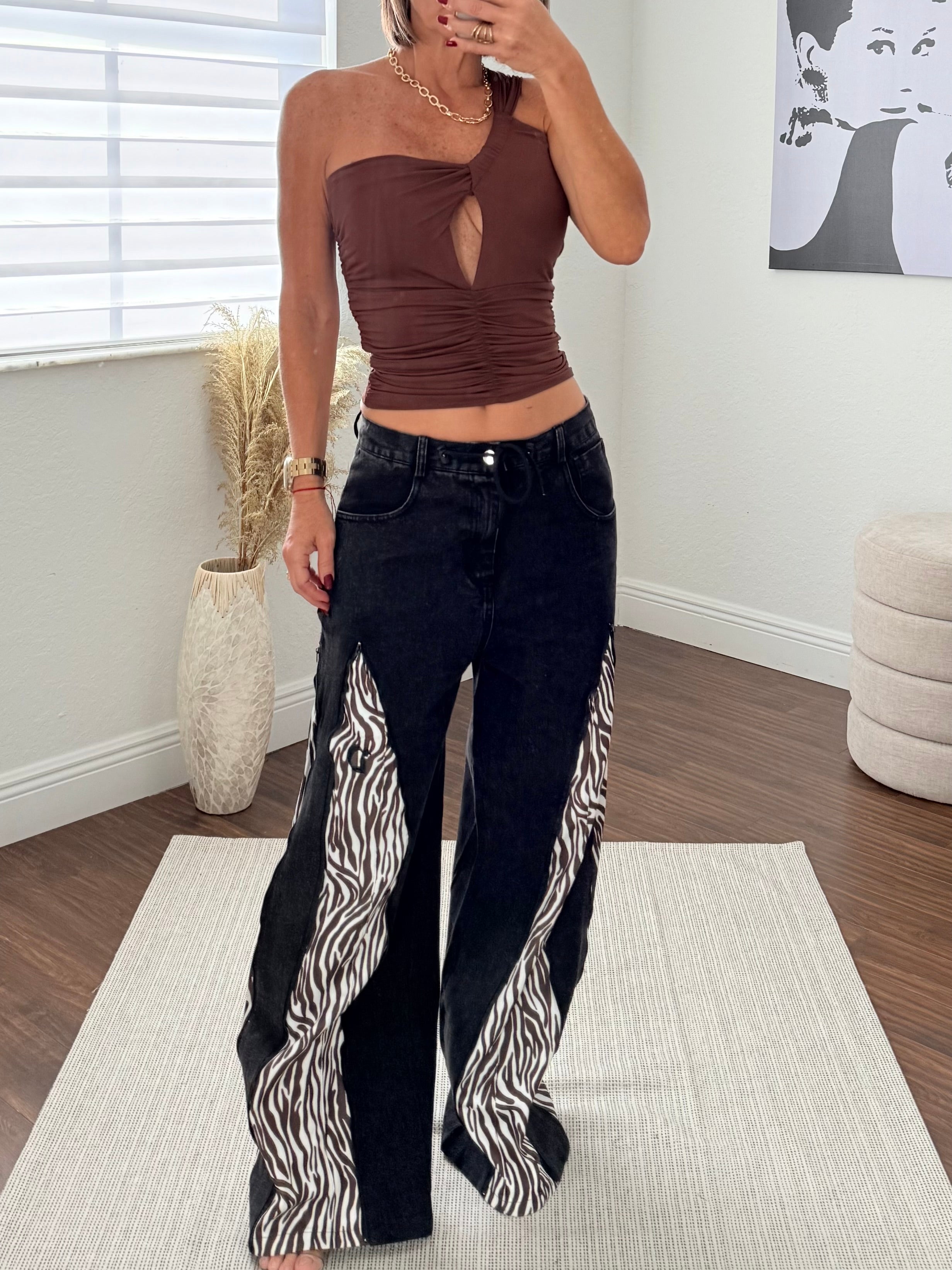 Transformable Black Jeans with Zebra Zip-Off Panels