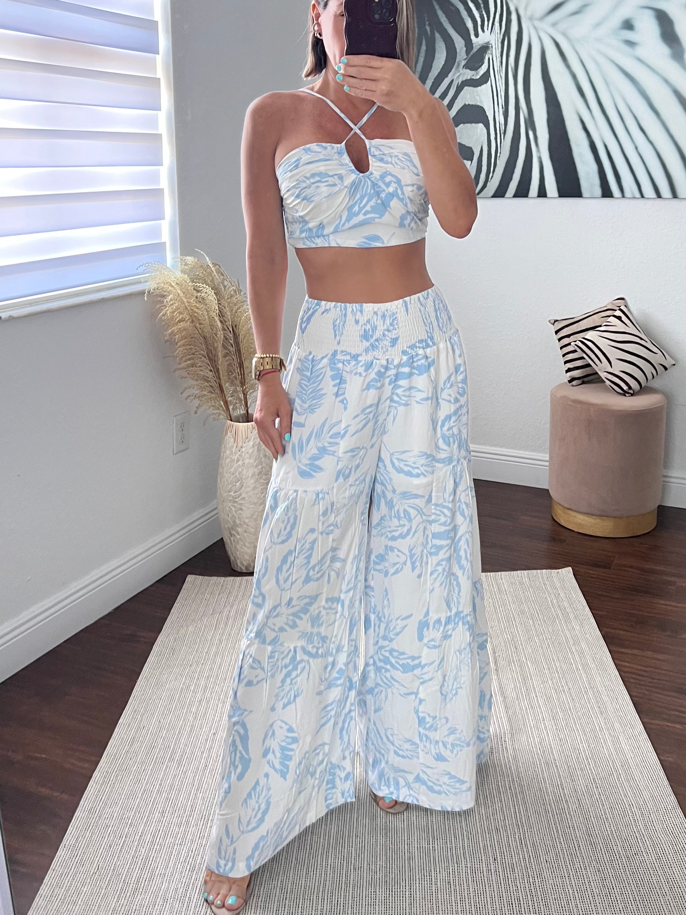 Blue  CROP TOP PANTS SET