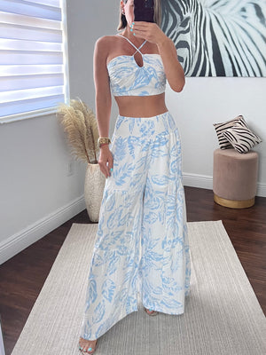 Blue  CROP TOP PANTS SET