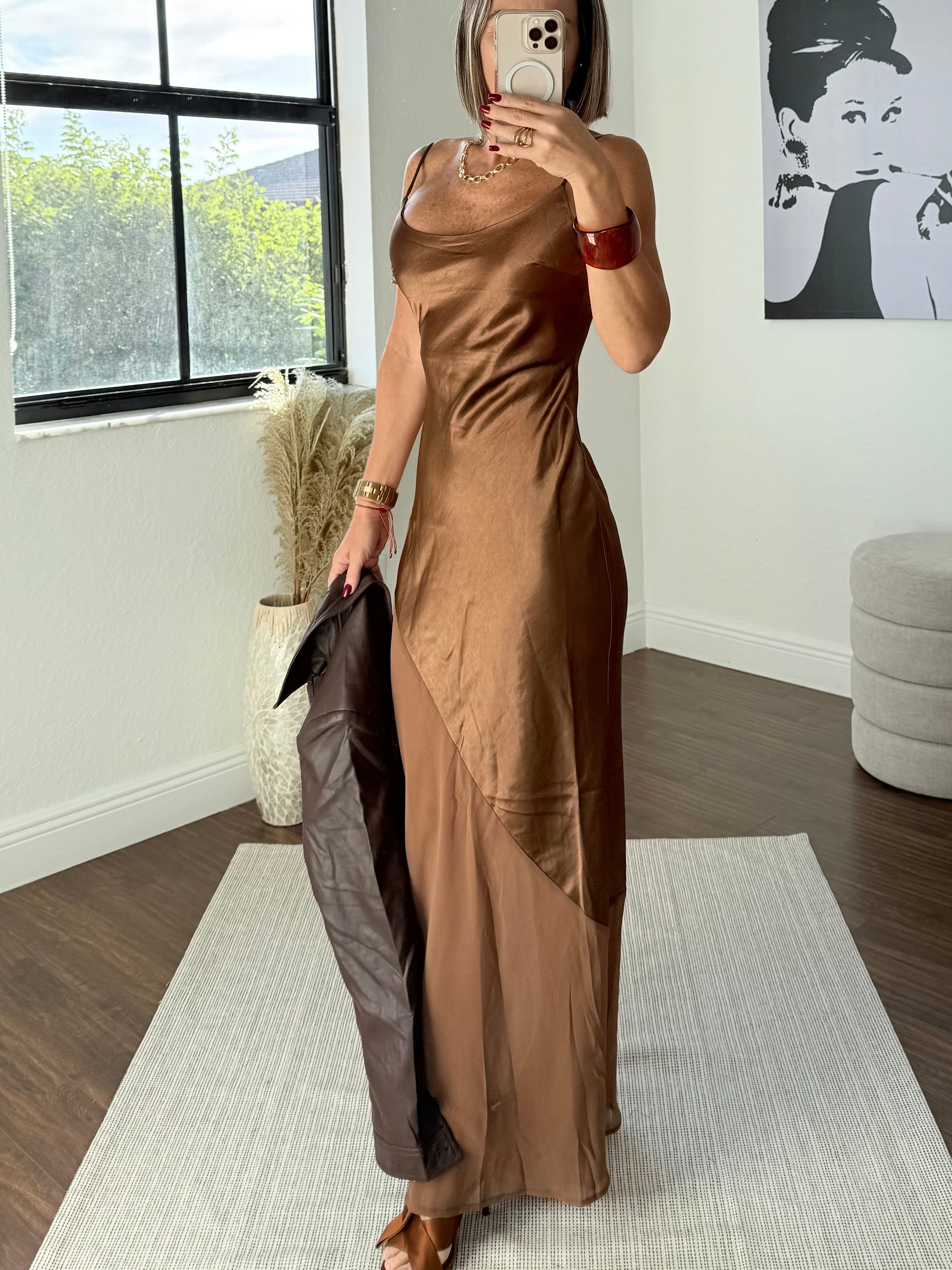 “Brown Satin Asymmetric Dress with Sheer Tulle Glow”