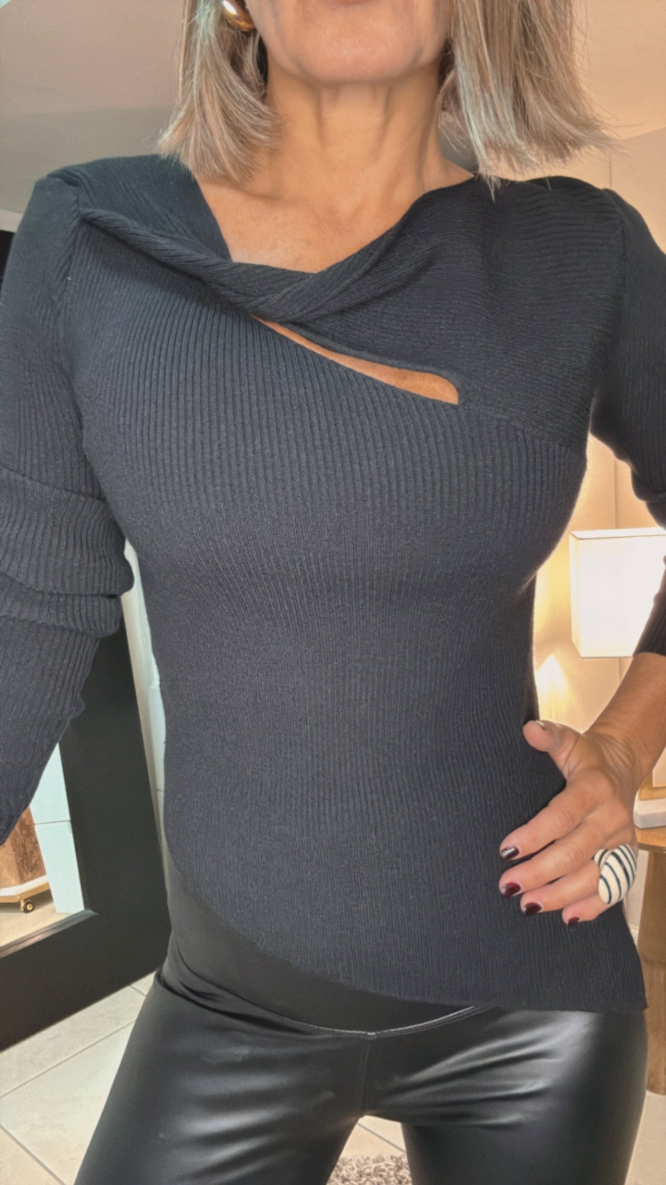 Black Asymmetrical Sweater Top with Twisted Detail