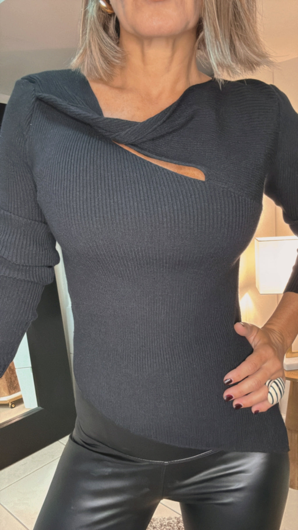 Black Asymmetrical Sweater Top with Twisted Detail