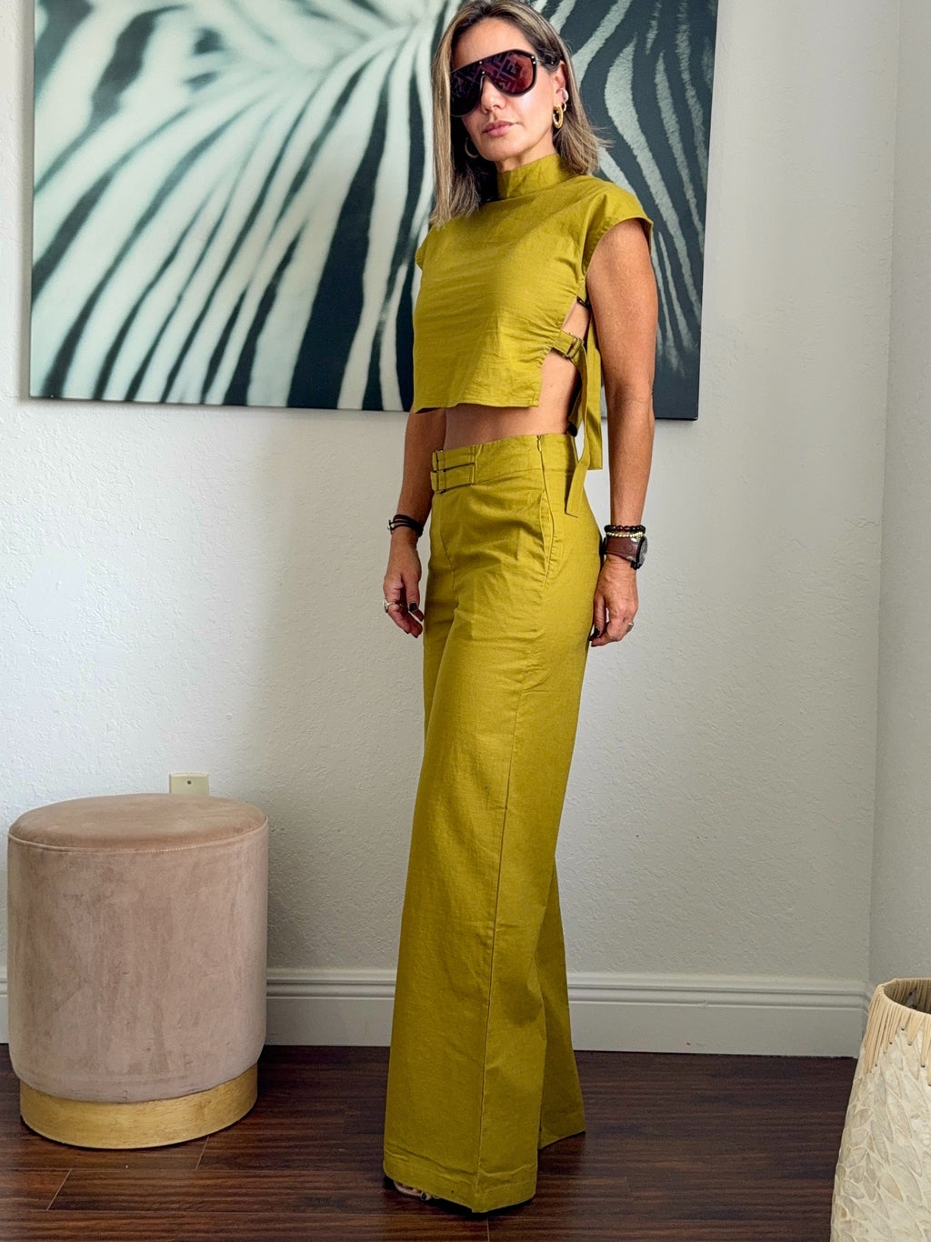 Pistachio Green Linen Set – High-Neck Top & Pants