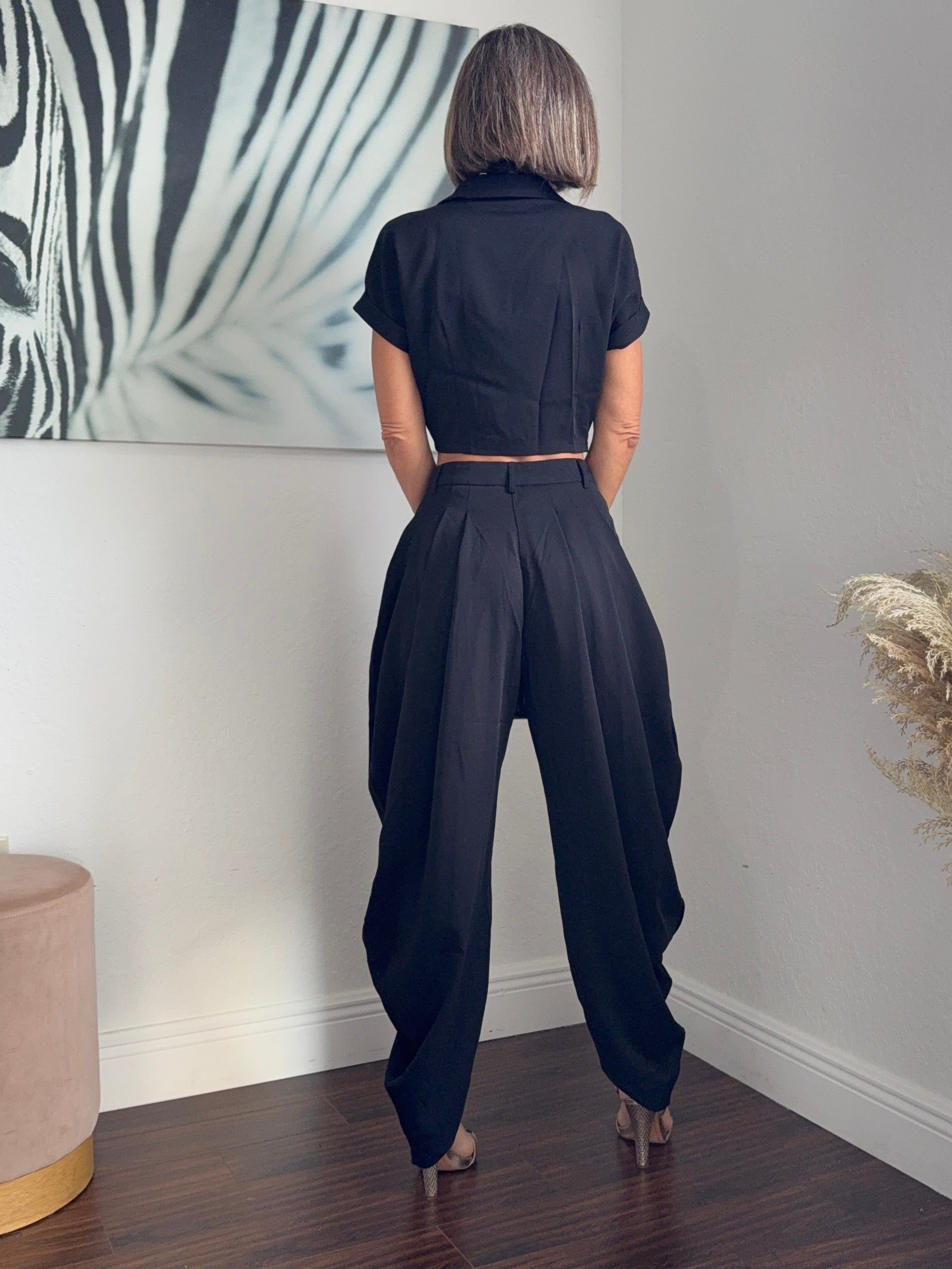 Black  Wide-Leg Jogger Pants with Modern Pleats and top set