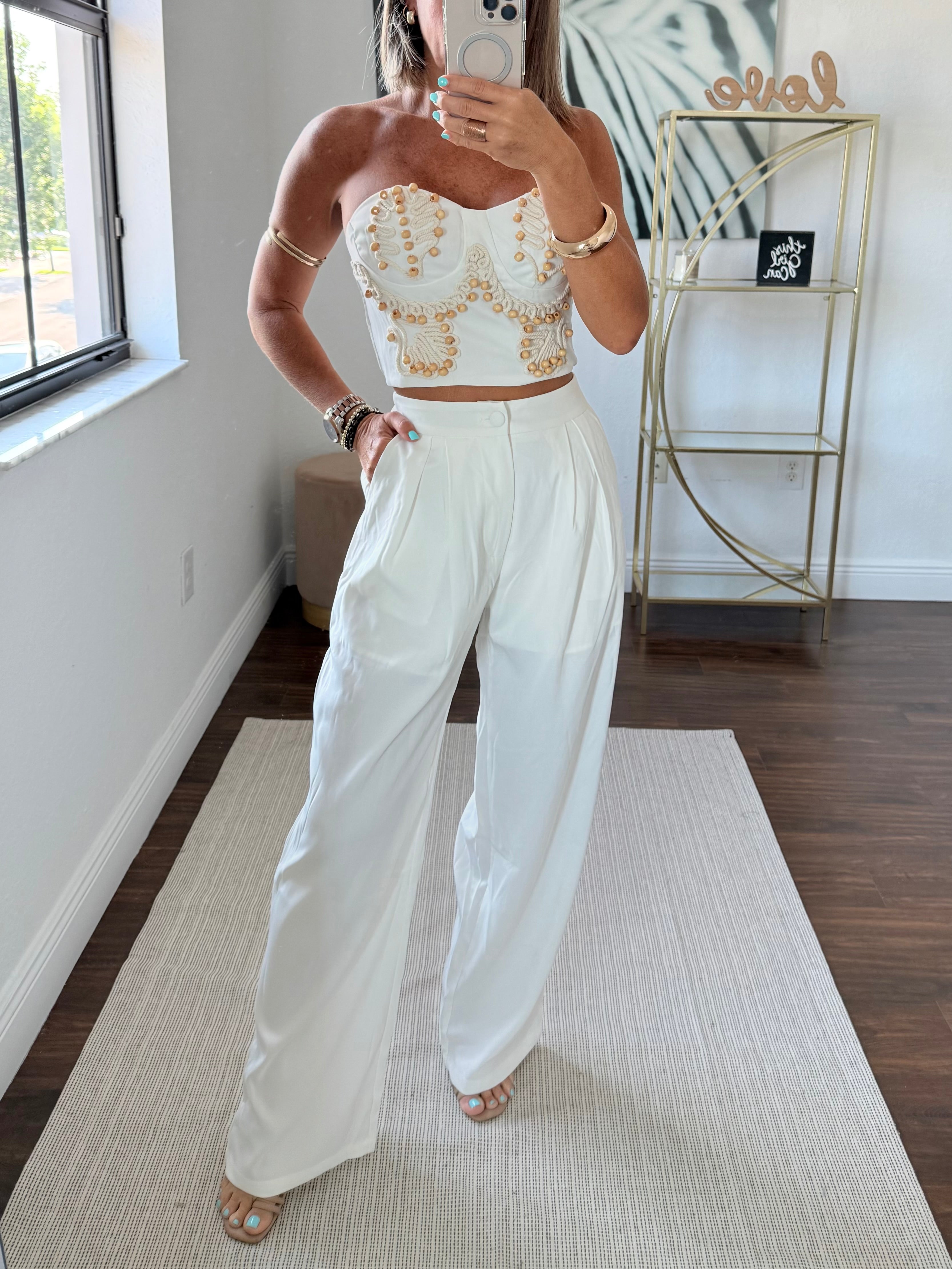 Strapless Corset & Pant Set with Embroidery and Wooden Details – White Elegance