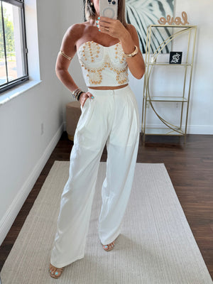 Strapless Corset & Pant Set with Embroidery and Wooden Details – White Elegance