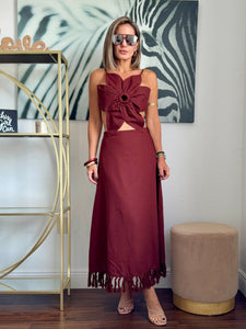 Mocha Linen Dress with Floral Detail – Modern Sophistication