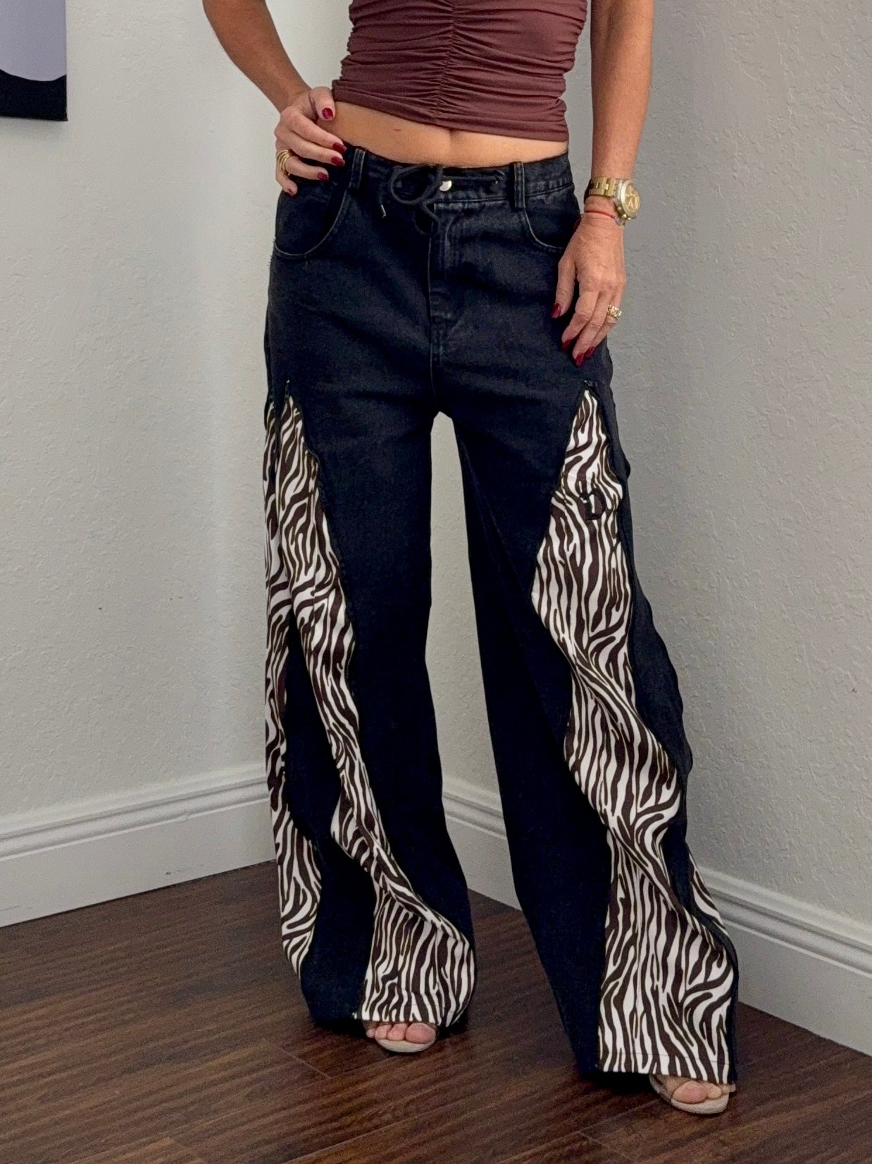 Transformable Black Jeans with Zebra Zip-Off Panels