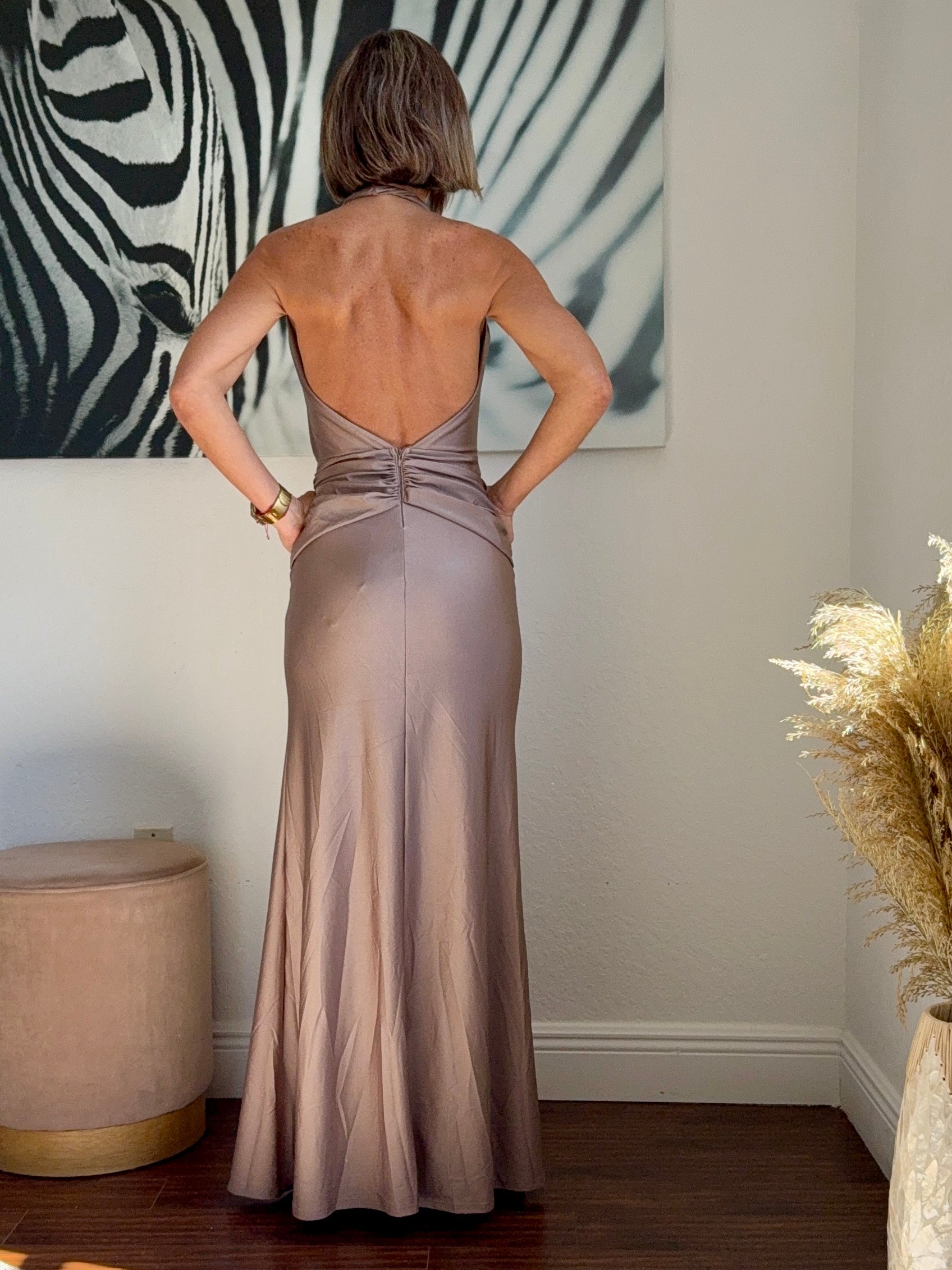 Champagne Long Dress with Golden Flower – Party Glam ✨