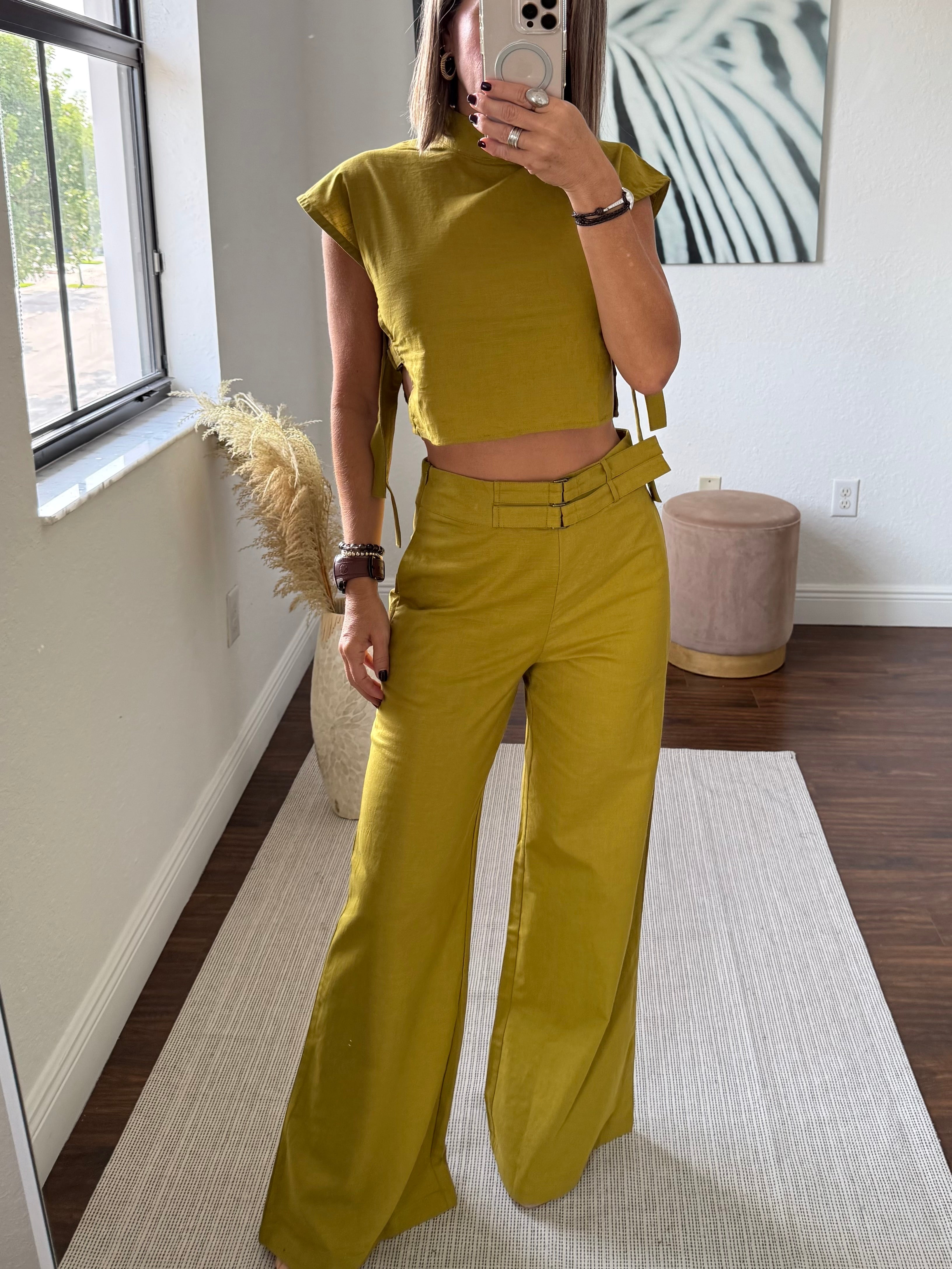 Pistachio Green Linen Set – High-Neck Top & Pants