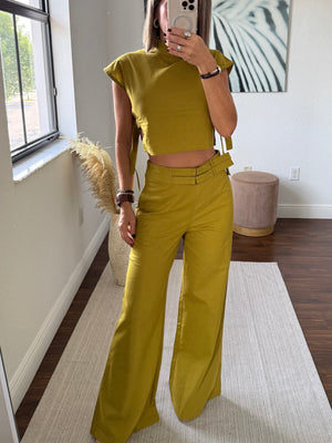 Pistachio Green Linen Set – High-Neck Top & Pants