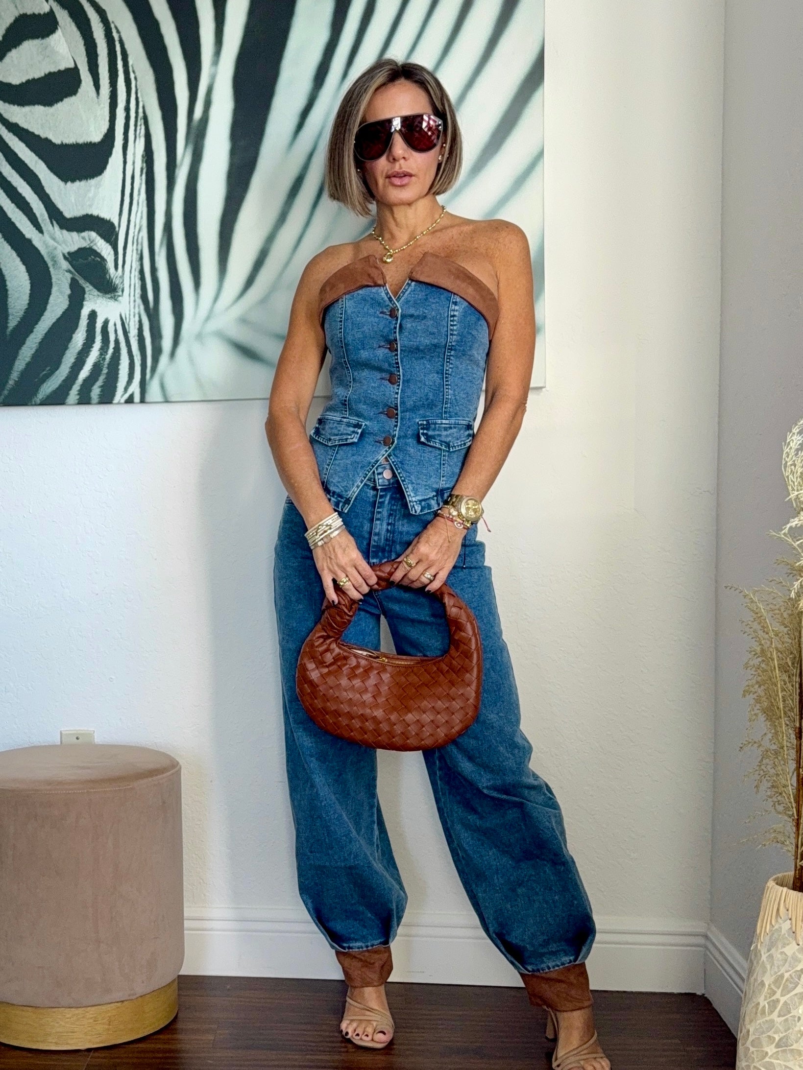 Aladdin-Style Denim Set with Leather Details