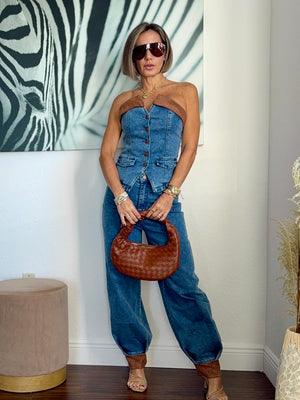 Aladdin-Style Denim Set with Leather Details