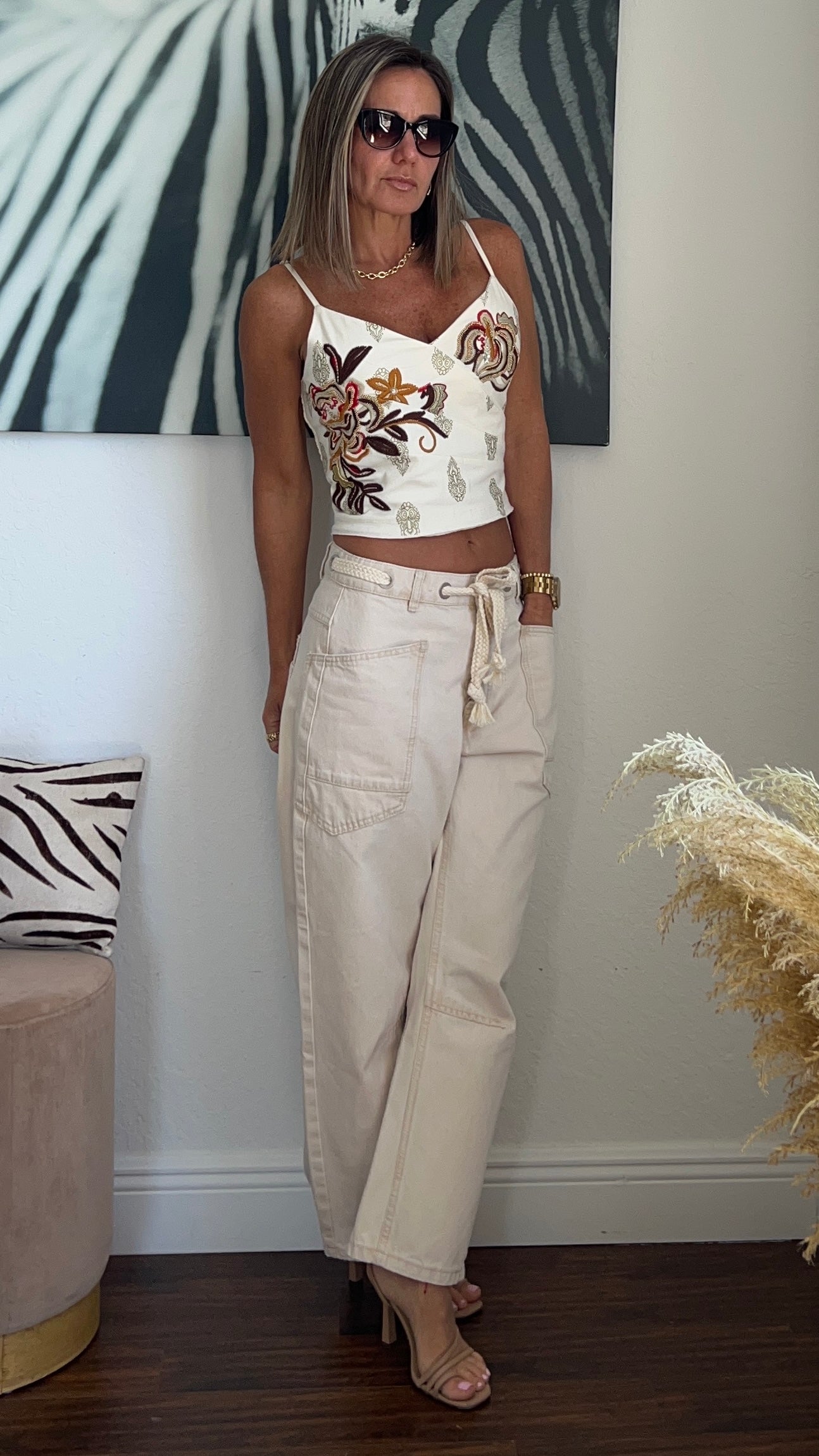 Cream barrel jeans