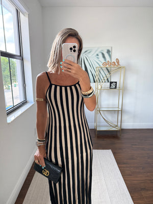 Long Knit Stripe Dress Black & Nude – Chic & Versatile