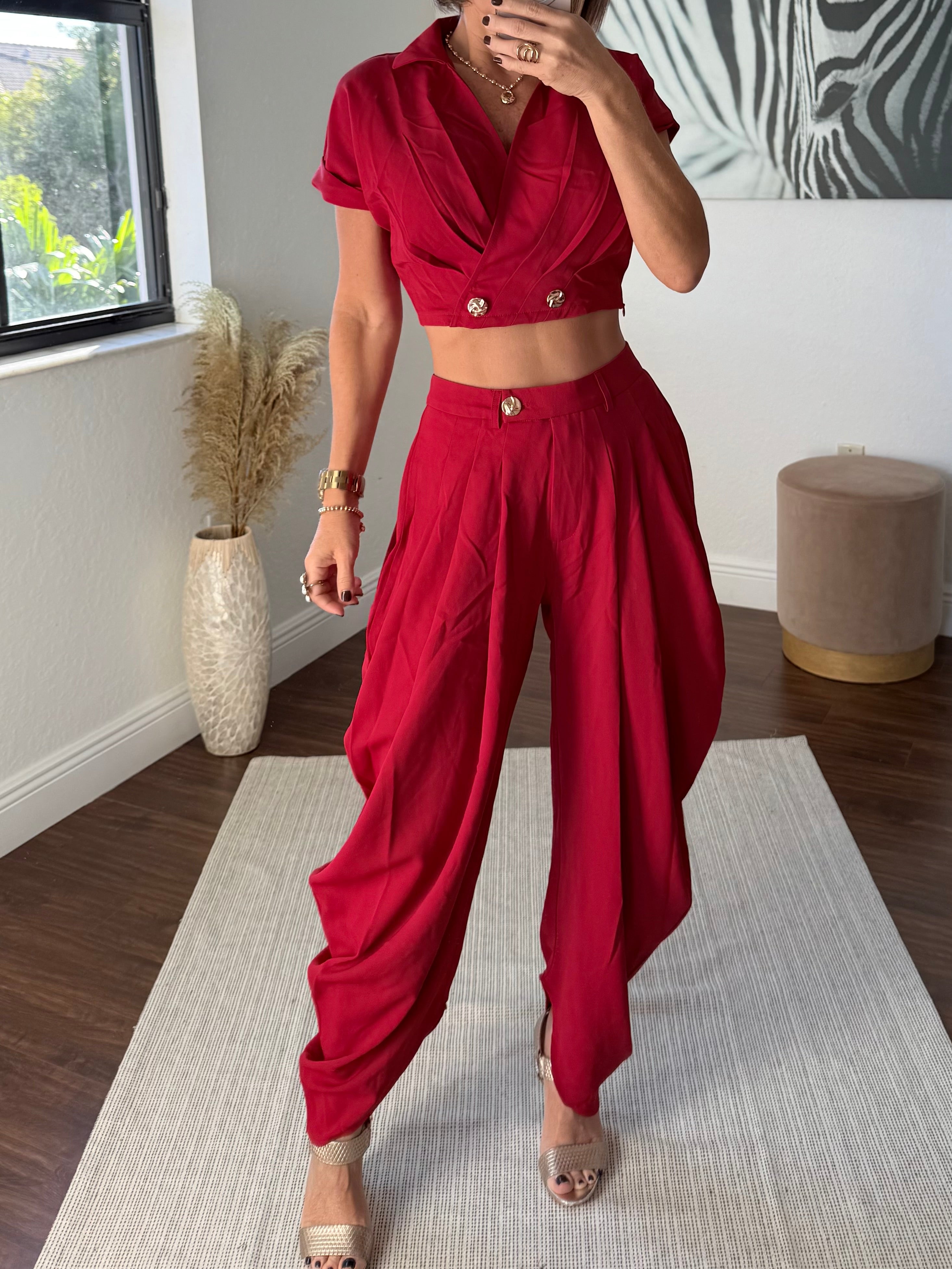 Red  Wide-Leg Jogger Pants with Modern Pleats and top set