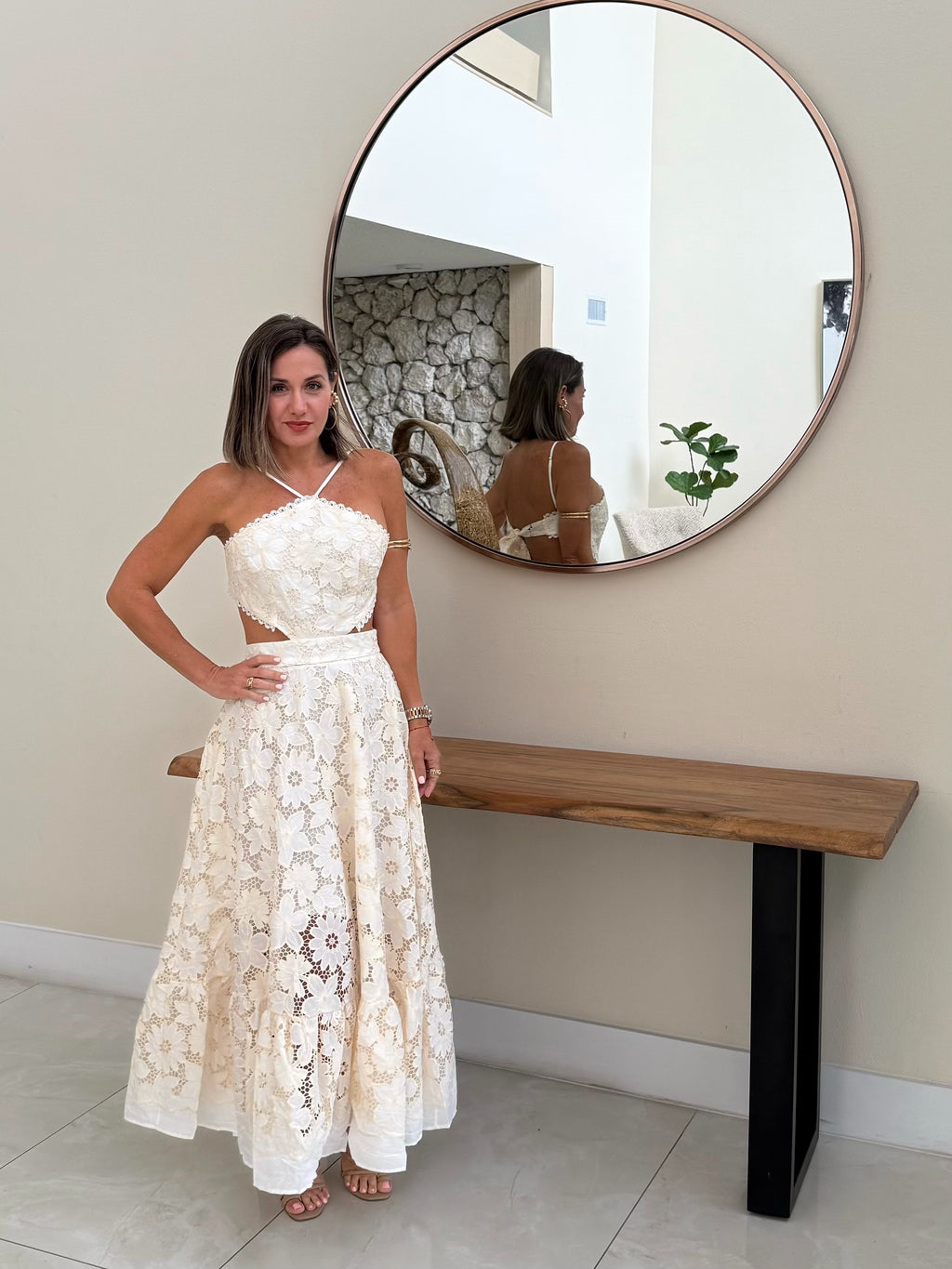 Cream  floral embroidered long    dress