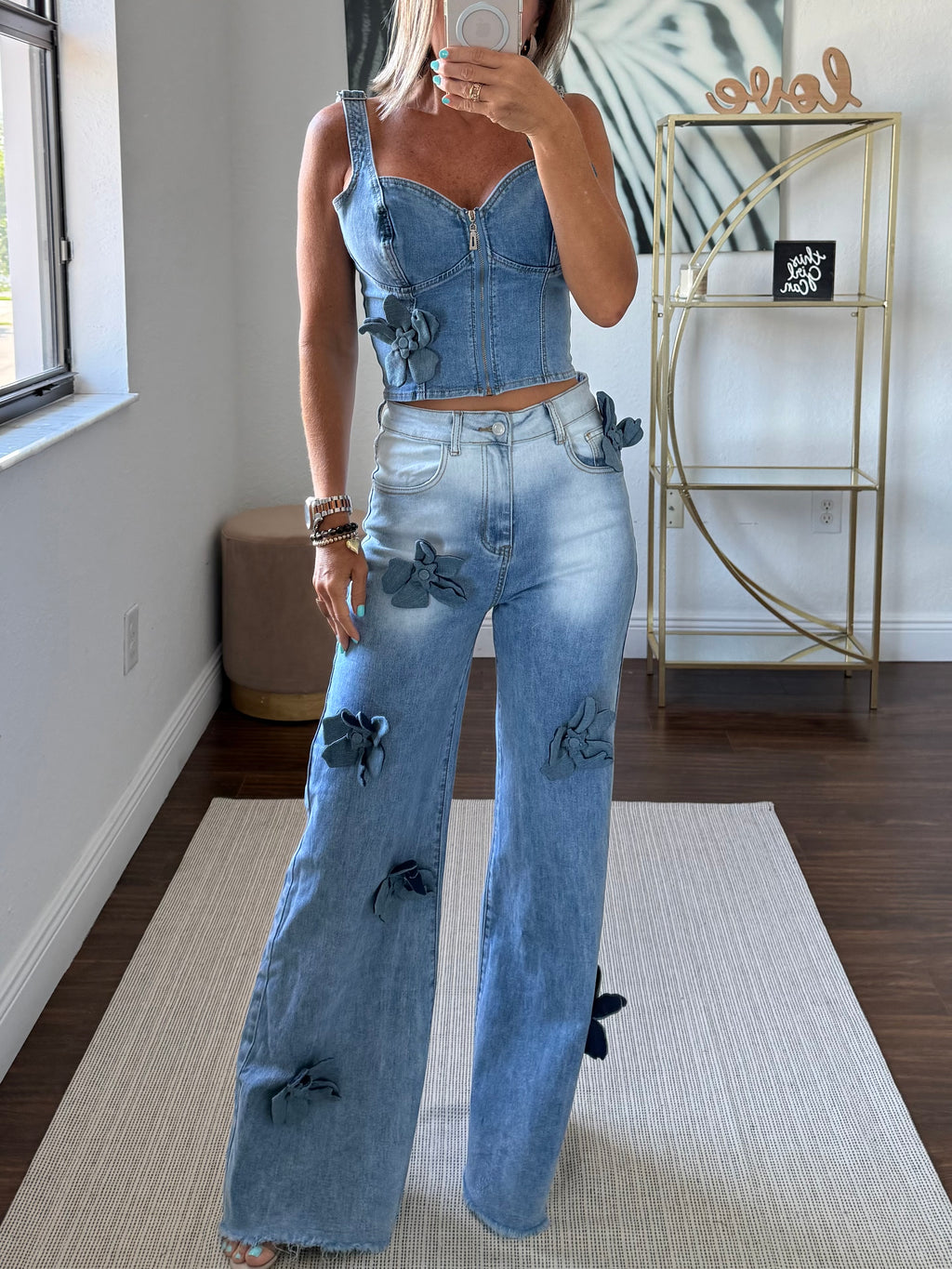 Light blue Denim Set with Floral Touch & Modern Corset