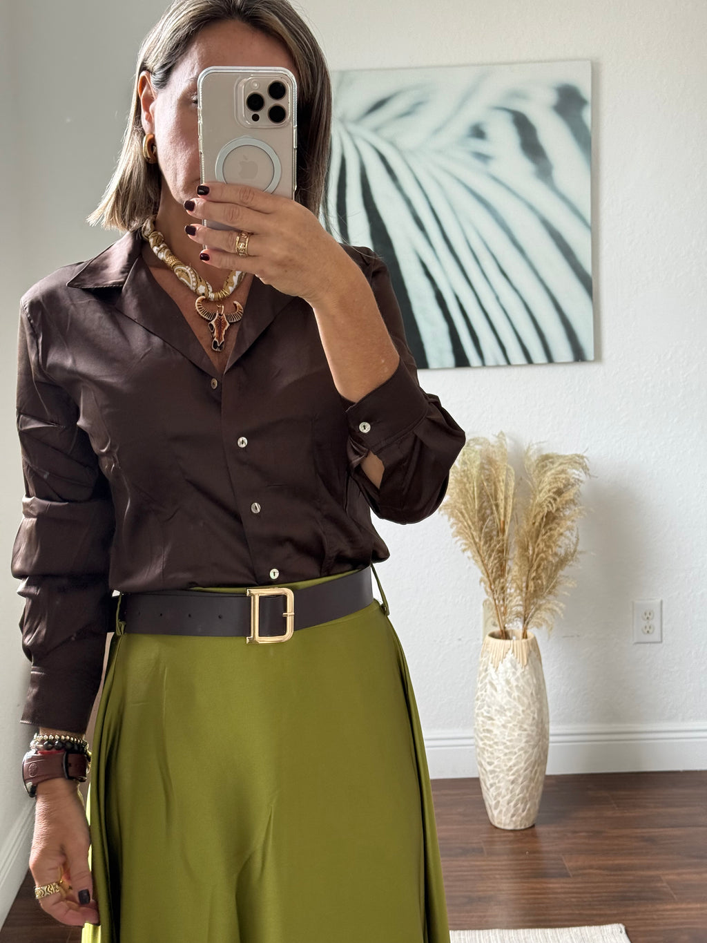 Moca Silk Blouse with Subtle Shine and Tailored Waist