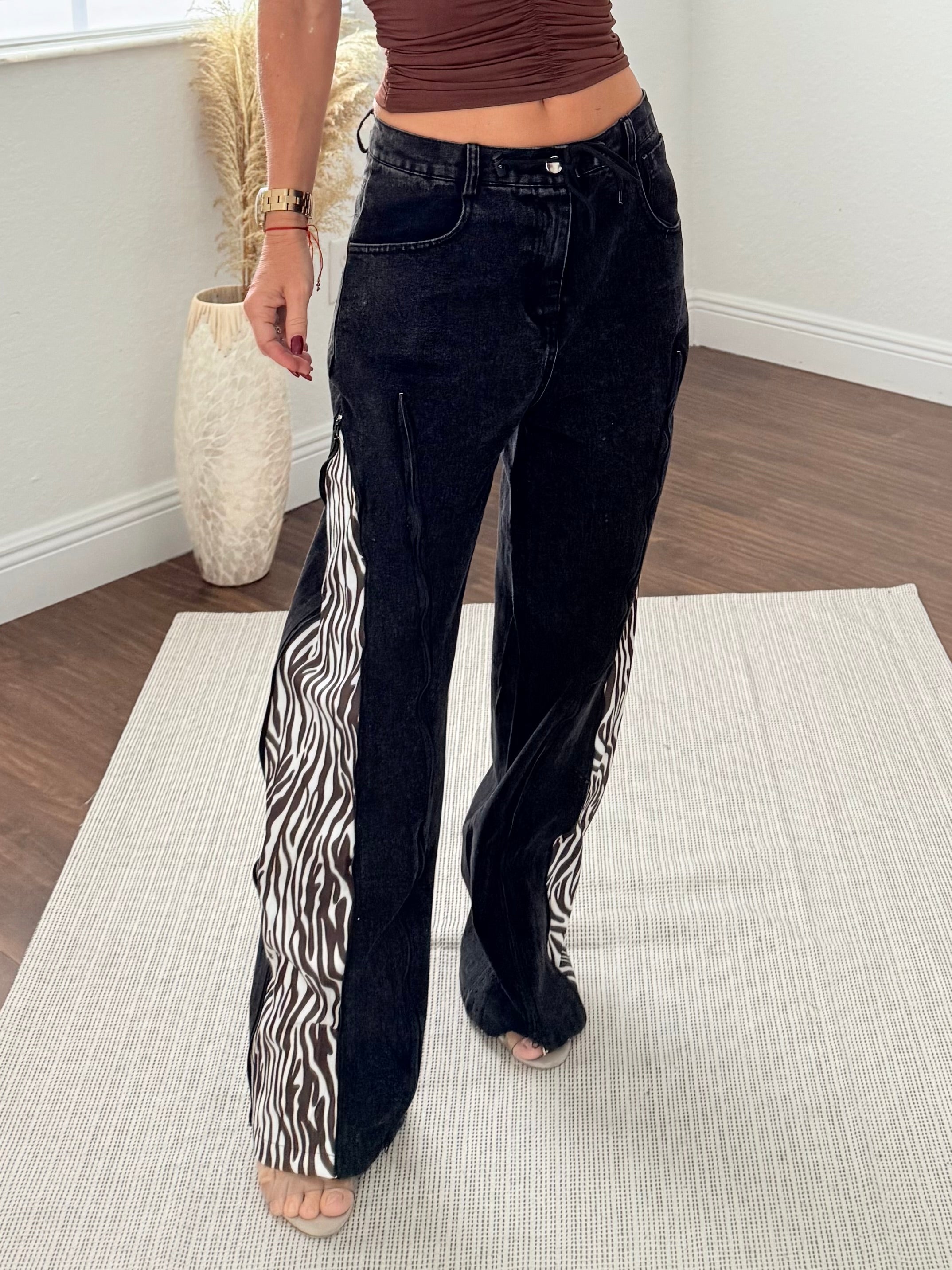 Transformable Black Jeans with Zebra Zip-Off Panels