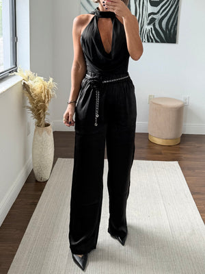 Silk Pants with Rose Belt – Night Elegance