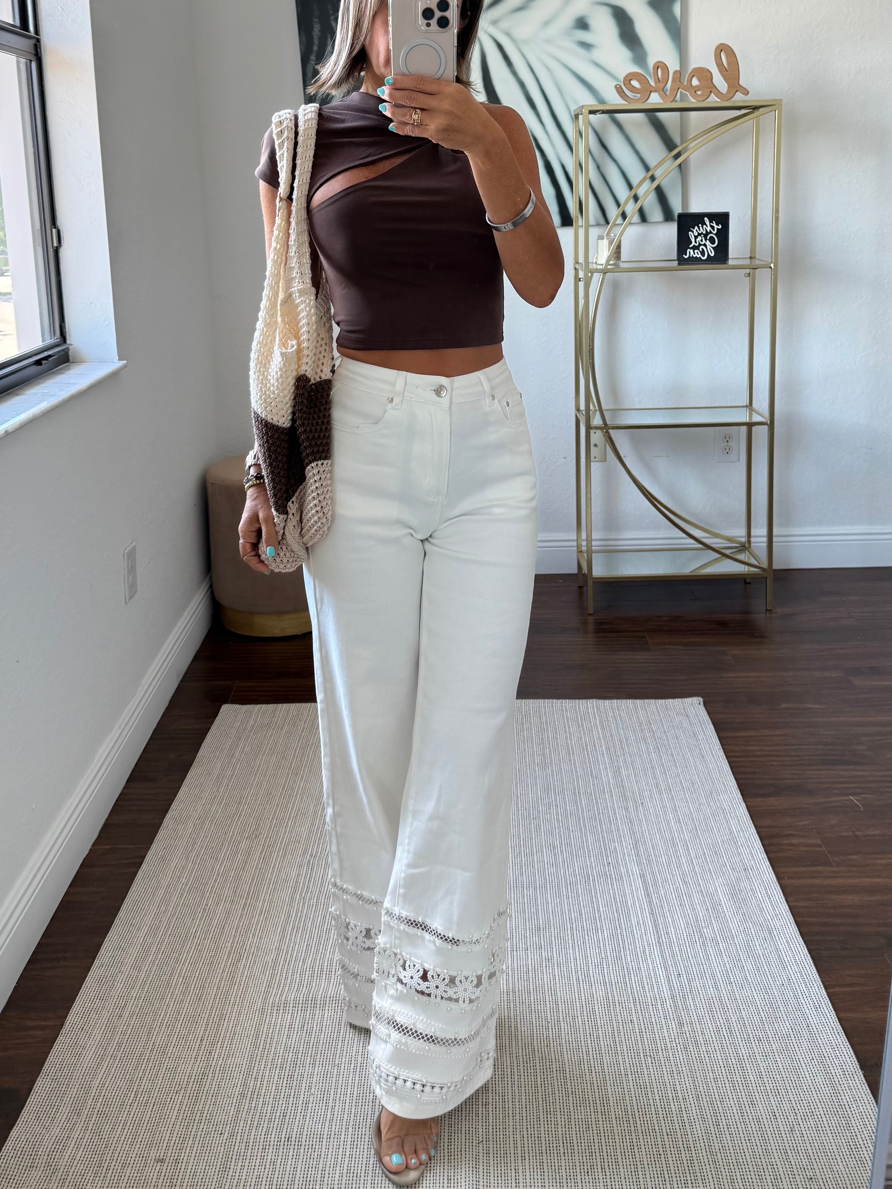 White Denim Pants with Rhinestone Hem