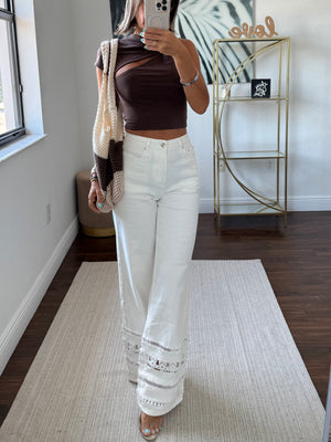 White Denim Pants with Rhinestone Hem