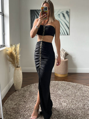 Black Metal chain front halter top 2 piece maxi dress