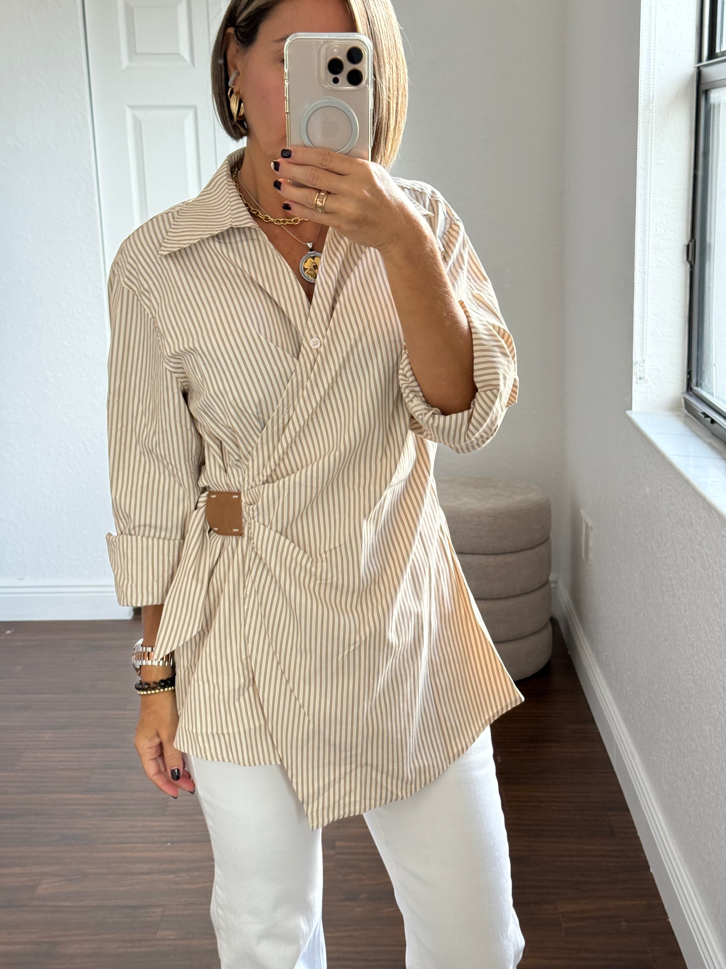 Striped Wrap Blouse with Leather Detail