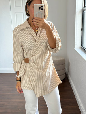 Striped Wrap Blouse with Leather Detail