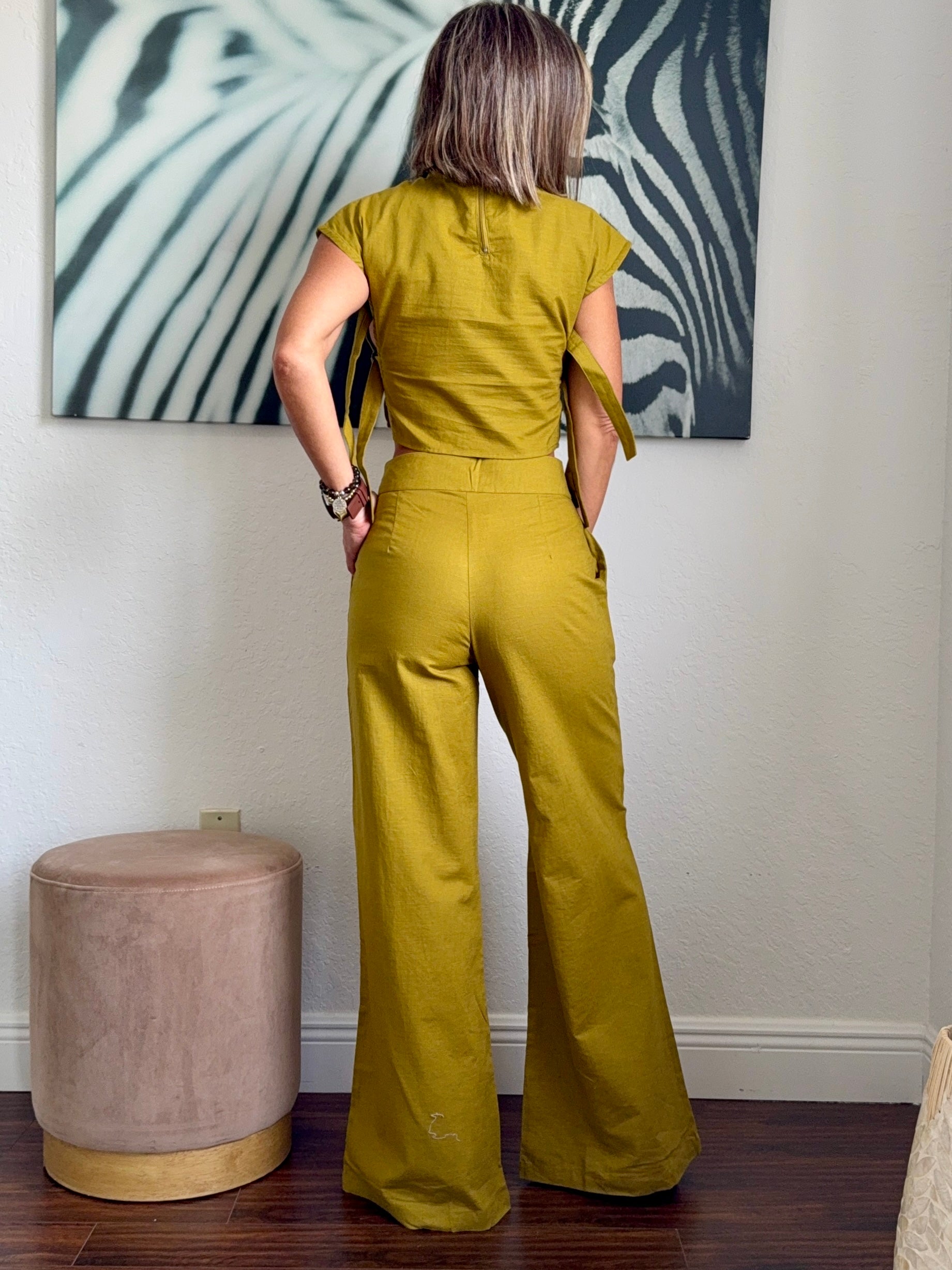 Pistachio Green Linen Set – High-Neck Top & Pants