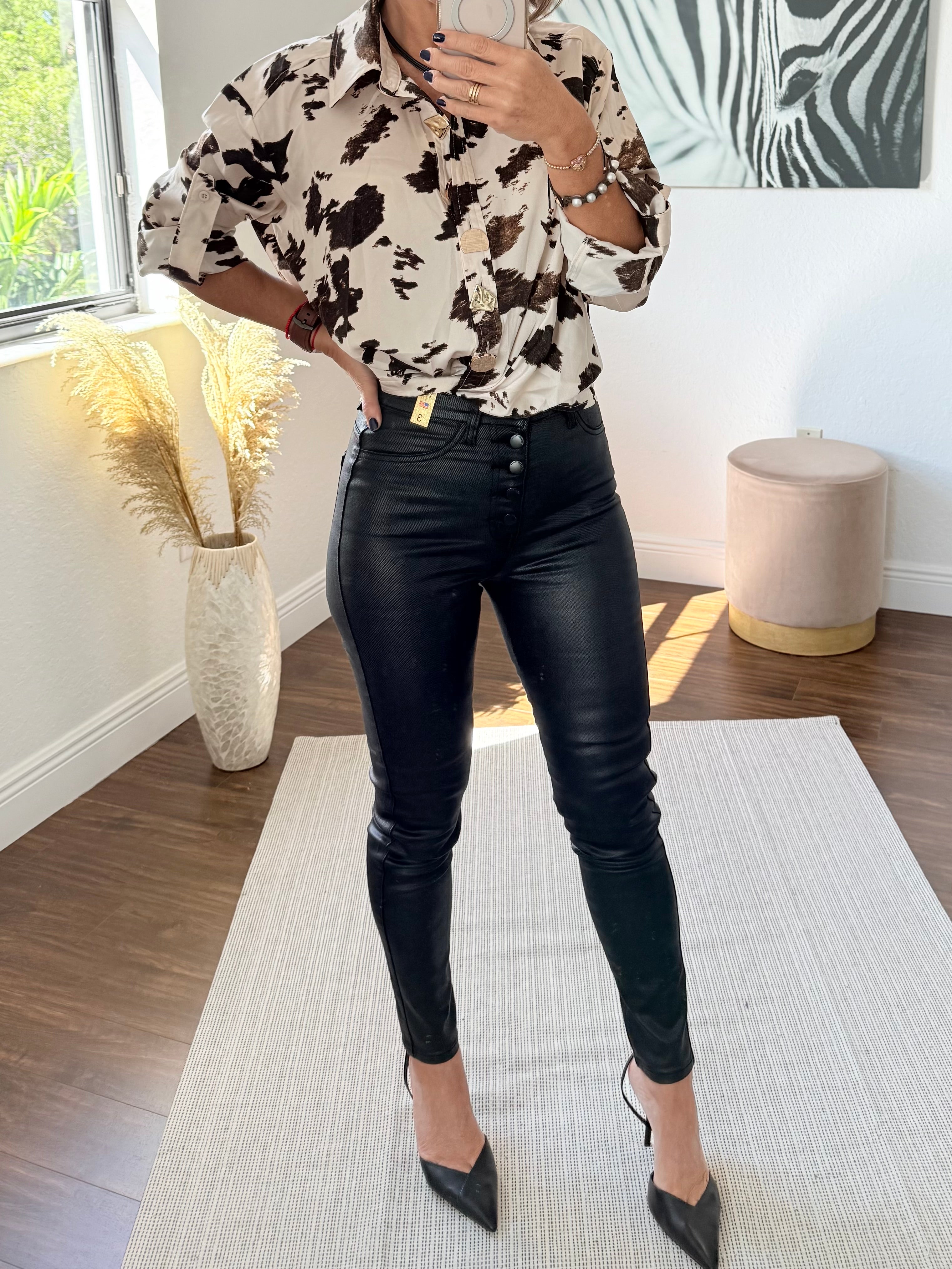 Shiny Silk Blouse – Cow Print with Gold Buttons