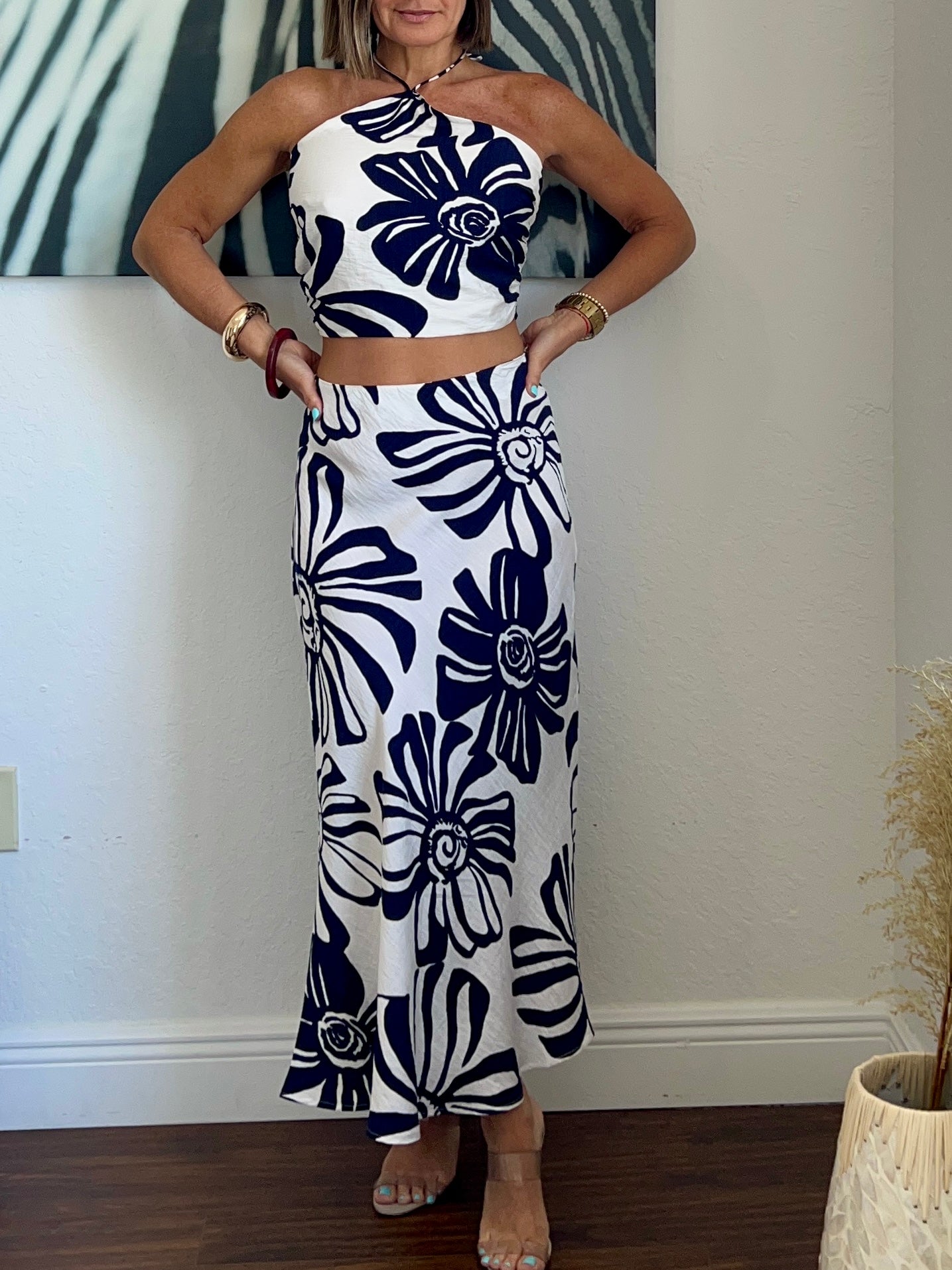 Navy blue   rose  skirt set