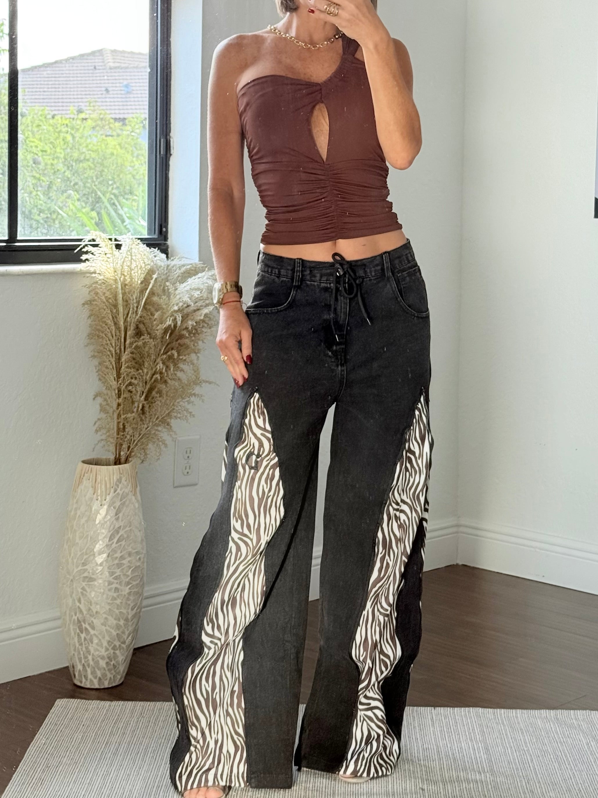 Transformable Black Jeans with Zebra Zip-Off Panels