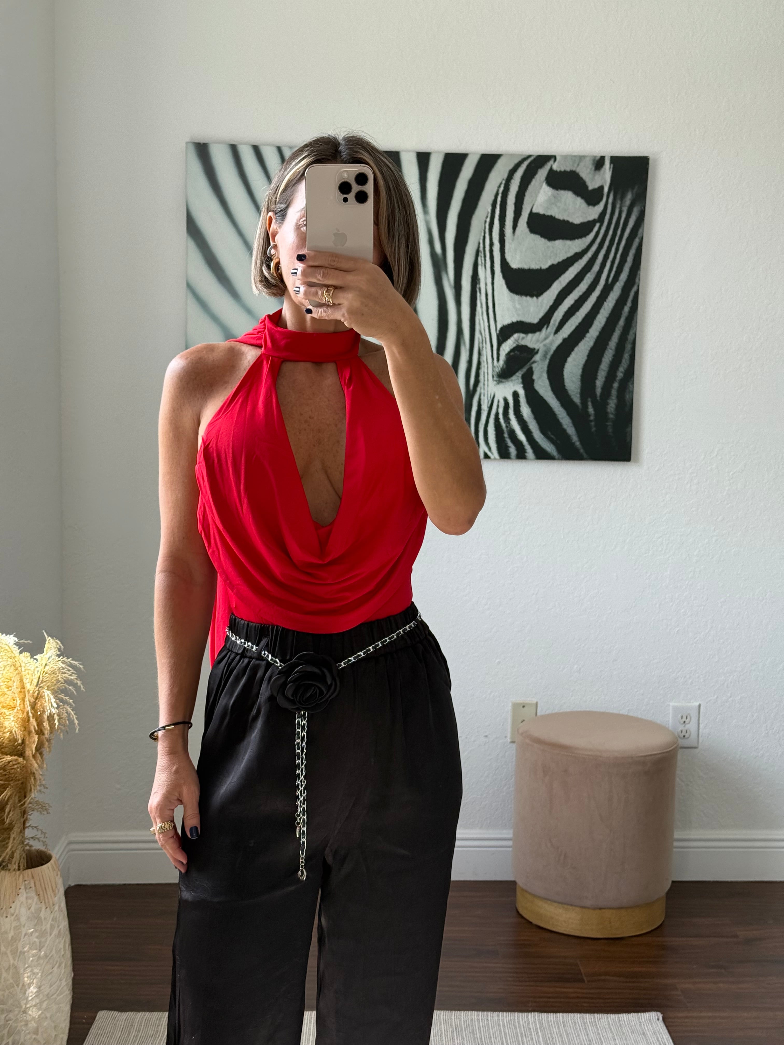 Red  Elegant Bodysuit with Unique Neckline Detail