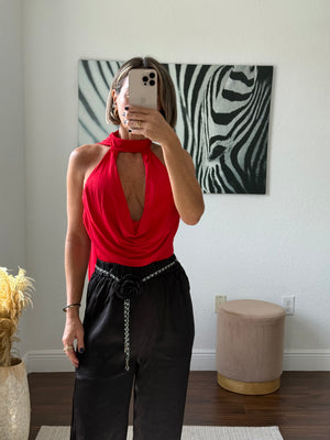 Red  Elegant Bodysuit with Unique Neckline Detail