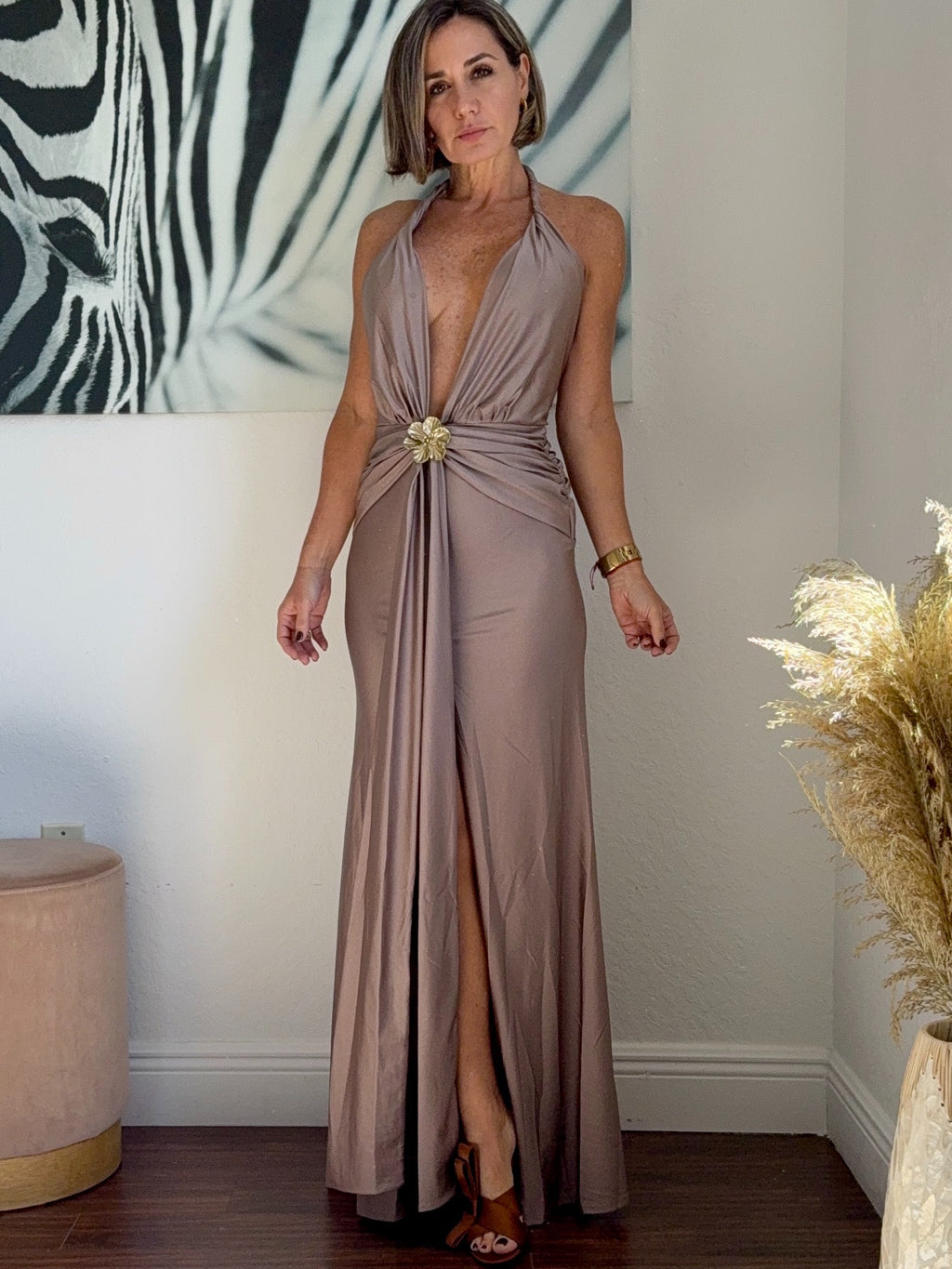 Champagne Long Dress with Golden Flower – Party Glam ✨
