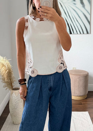 White Chic Top with Pink Embroidery