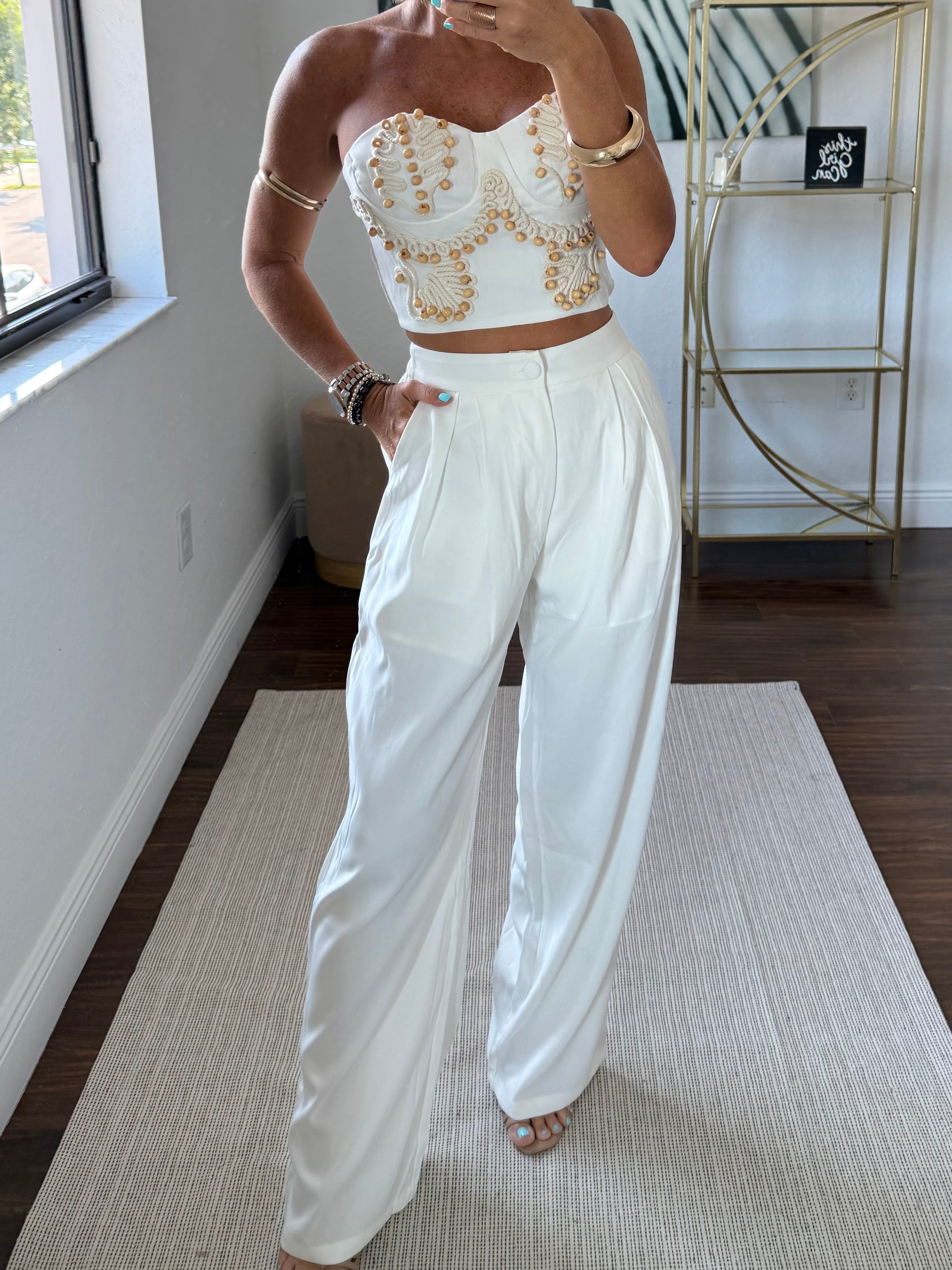Strapless Corset & Pant Set with Embroidery and Wooden Details – White Elegance