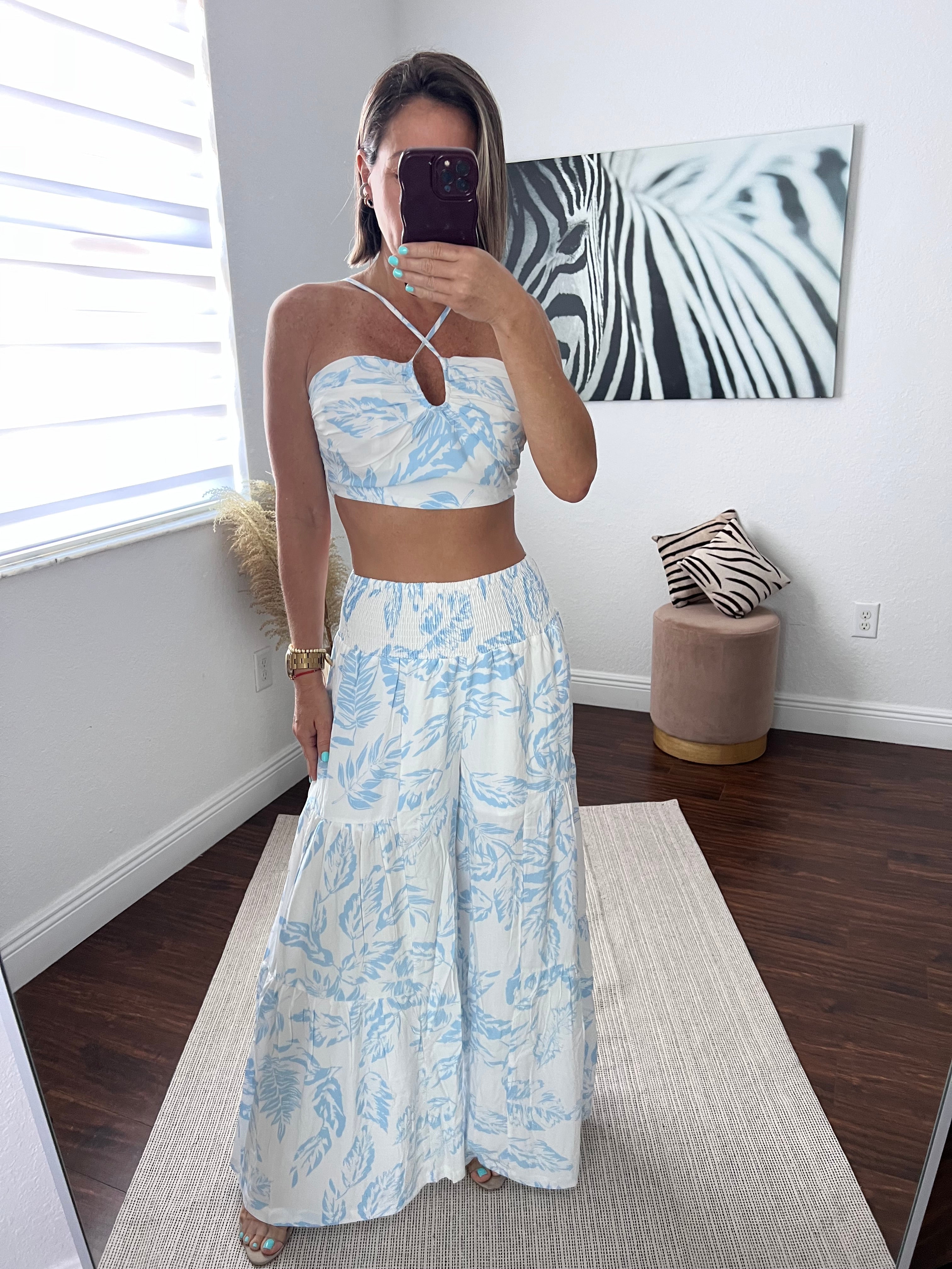 Blue  CROP TOP PANTS SET