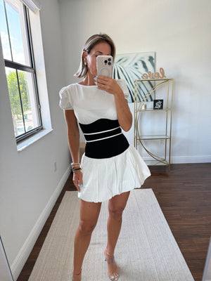 Black & White Two-Tone Dress with Waistband and Balloon Skirt