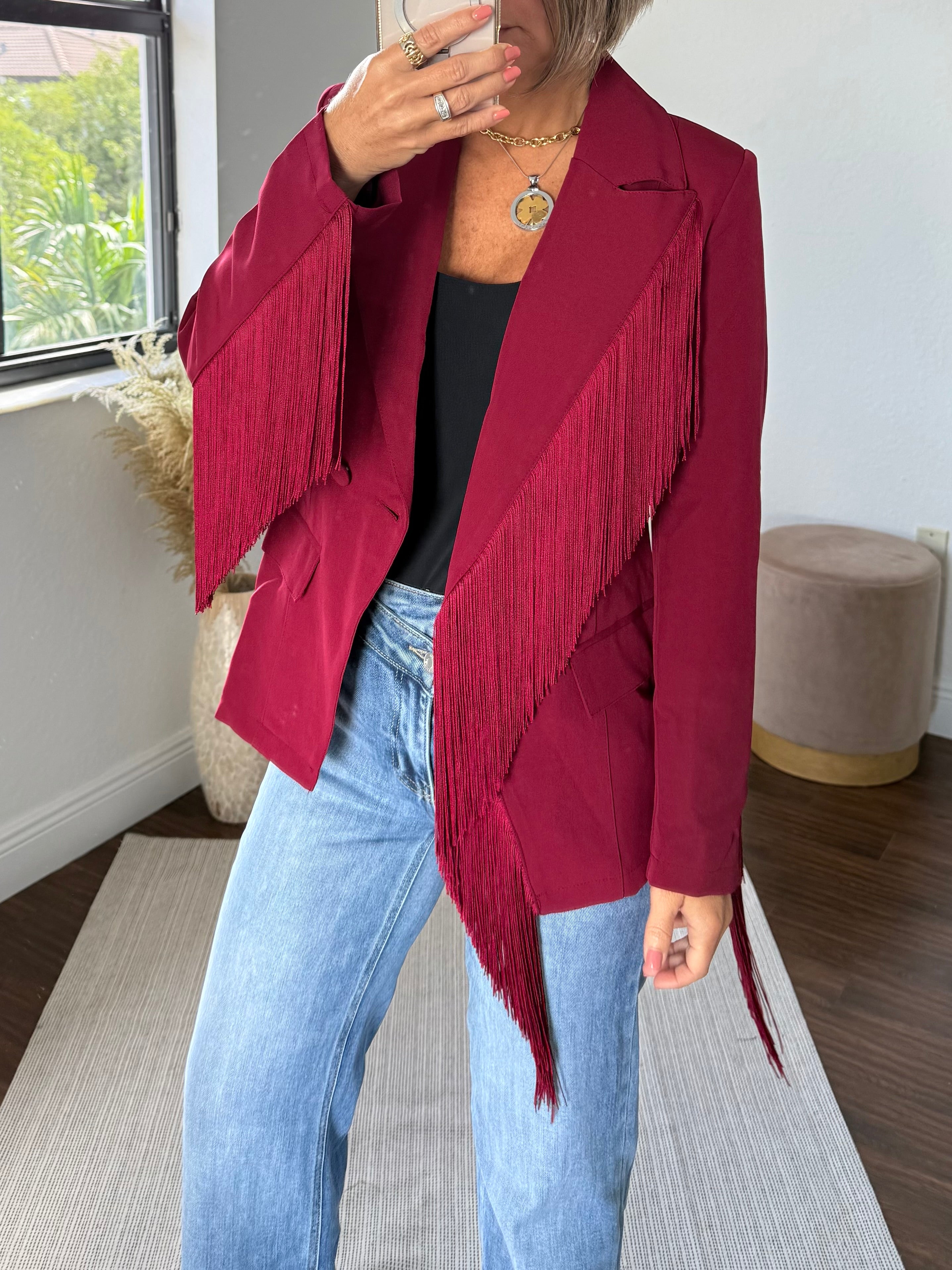 Burgundy Blazer with Chic fringes