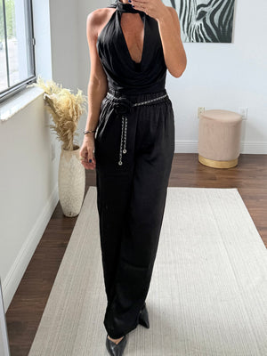 Silk Pants with Rose Belt – Night Elegance