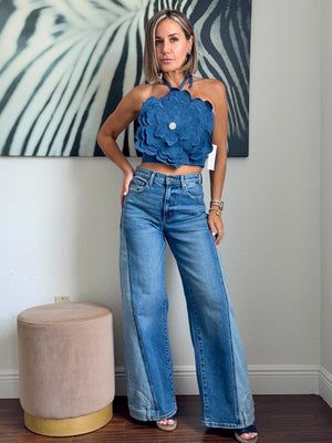 Wide leg  Sculpt Flare – Two-Tone Stretch Denim with Boot Pocket Detail”