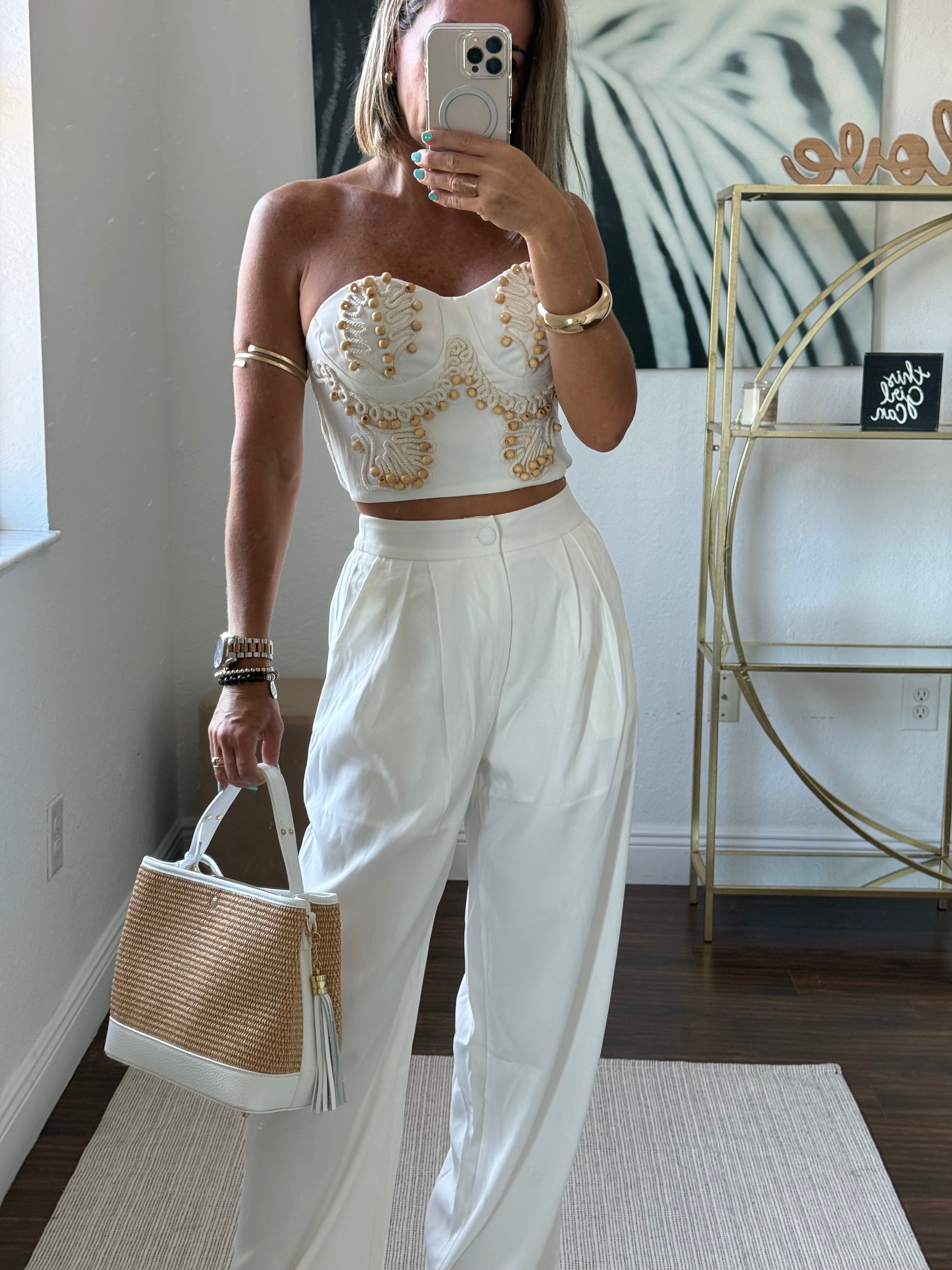 Strapless Corset & Pant Set with Embroidery and Wooden Details – White Elegance